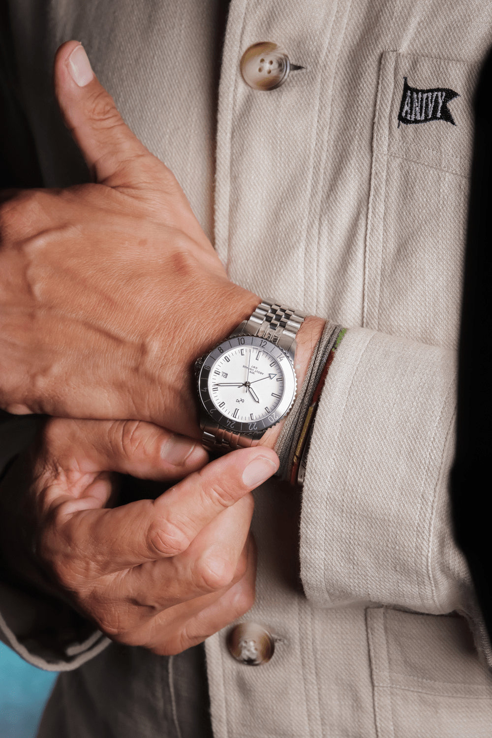 1970 Glacier GMT Automatic by AV86 luxury GMT watch with Swiss movement, sapphire crystal, and steel bracelet strap