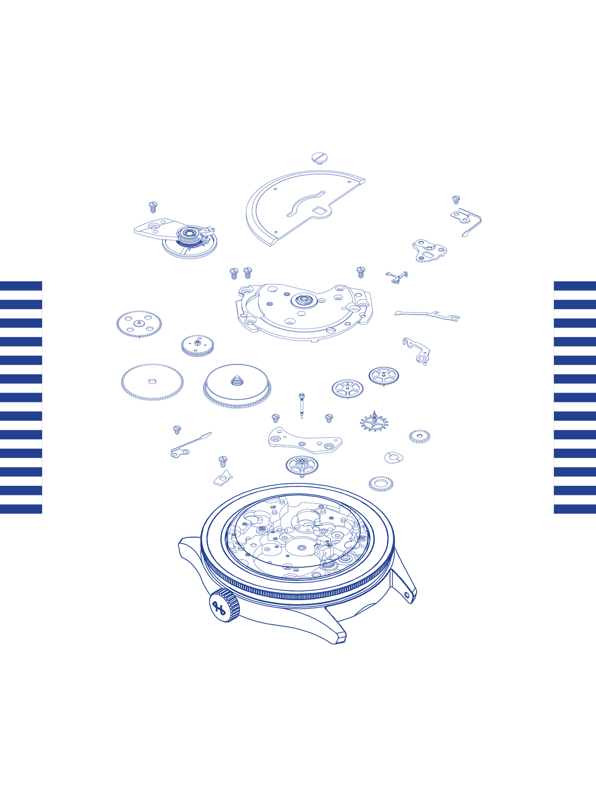 AV86 technical exploded-view illustration of an automatic watch, showing mechanical movement components, case, crown and assembled watch below
