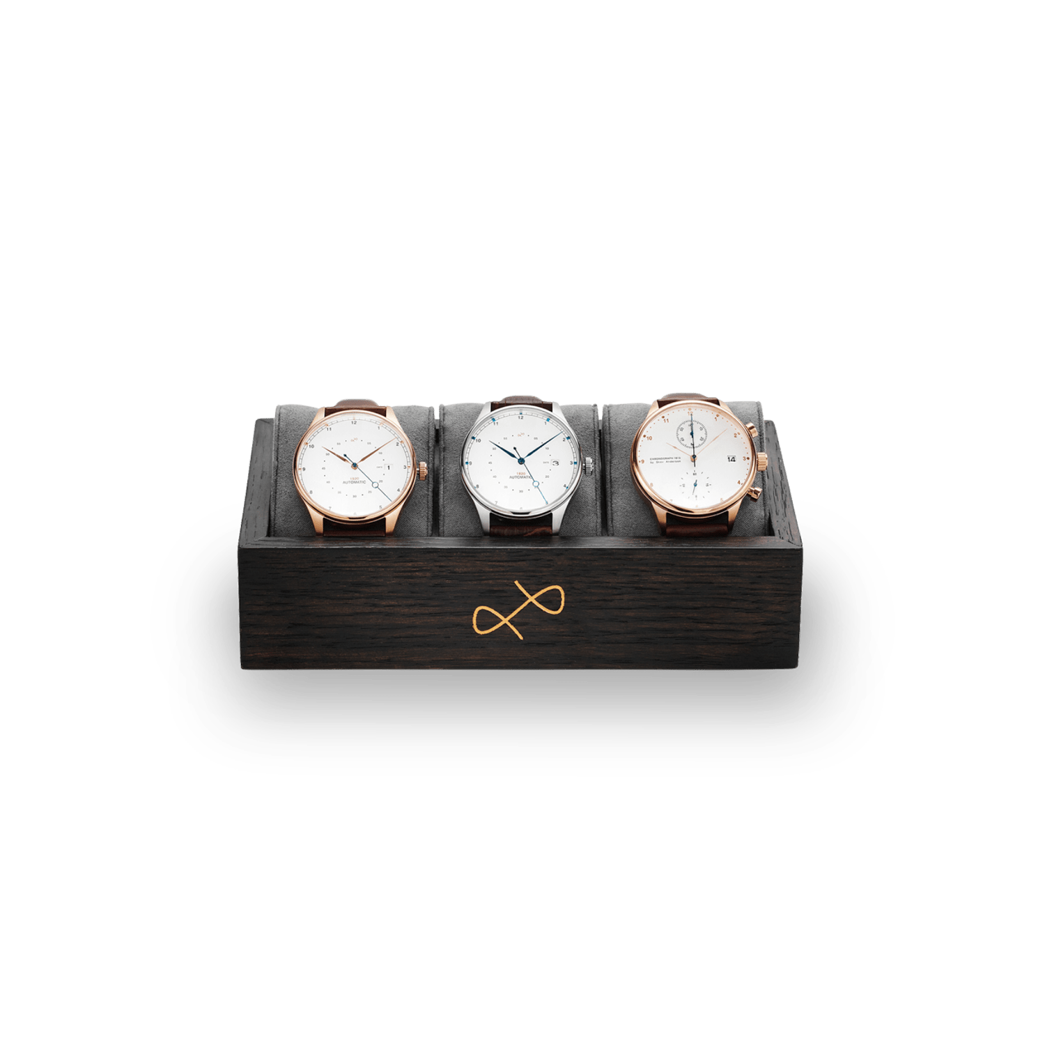 Collectors box - 3 pcs by AV86 in dark smoked oak with brass logo bow and grey suede pillows for watch display