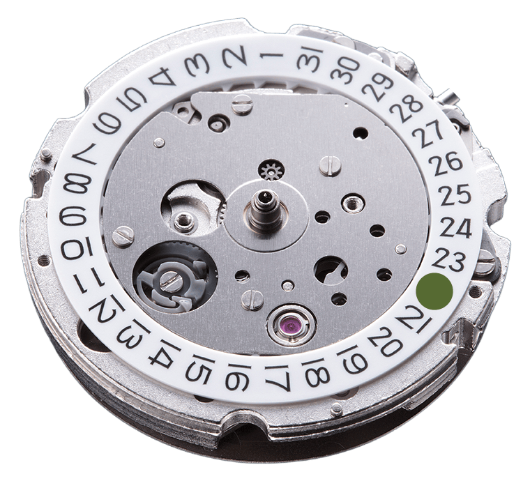 Mechanical watch movement showing date wheel with black numerals on white background and metallic components
