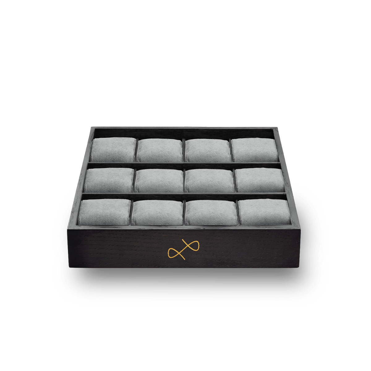 Collectors box - 12 pcs by AV86 in dark smoked oak with brass logo, featuring 12 grey suede pillows for watch display and storage