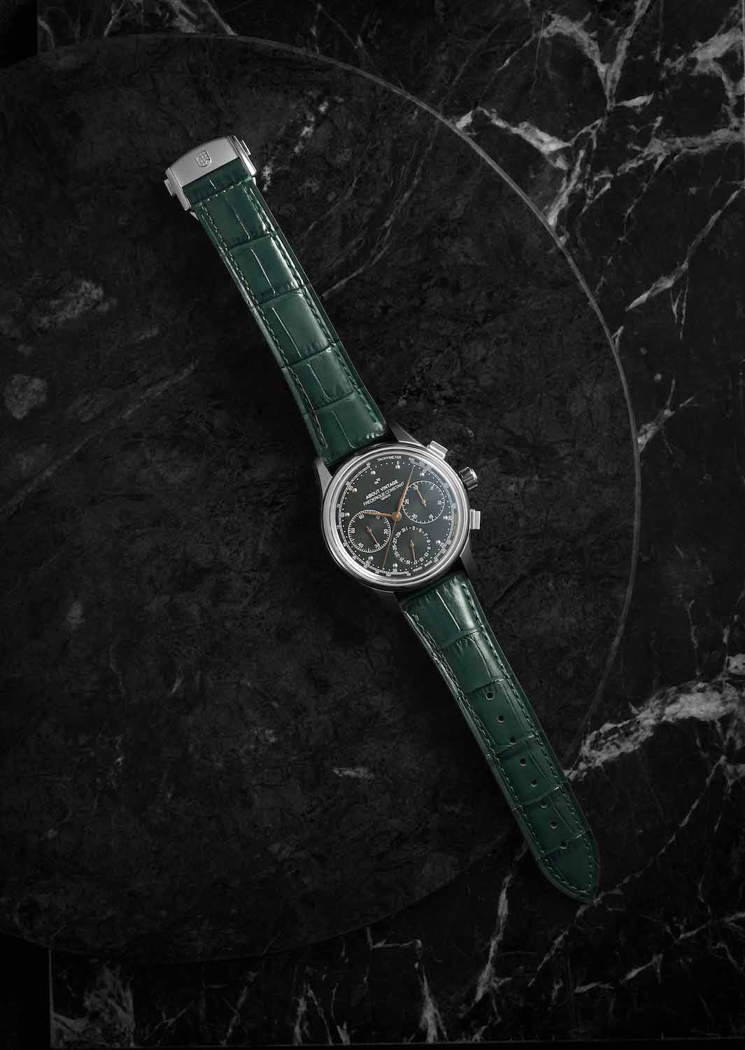 1988 Flyback, Chronograph - Limited Edition by AV86 automatic chronograph with sapphire crystal and leather strap on dark marble background