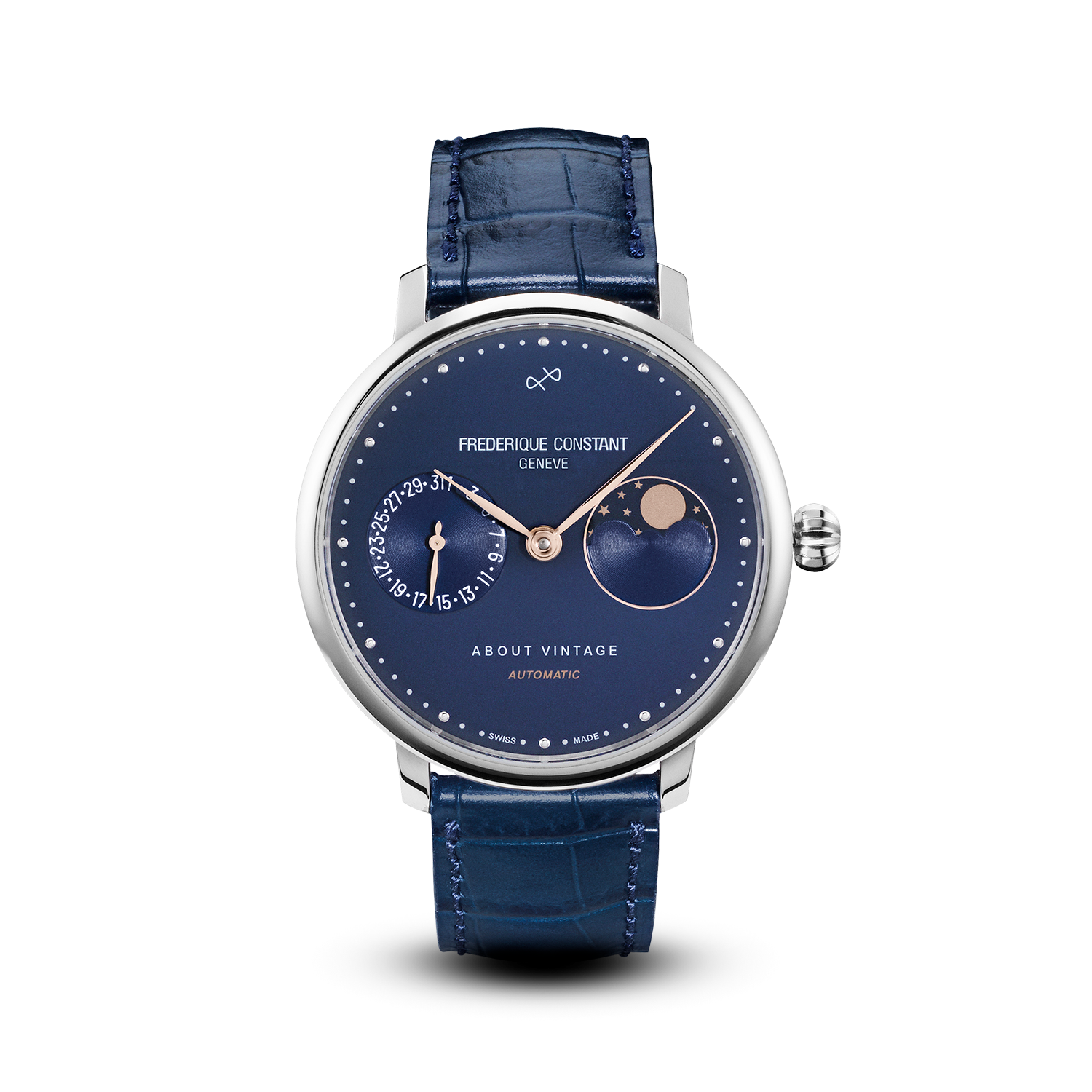 1988 Moonphase, Limited Edition by AV86 automatic moonphase watch with sapphire crystal, vintage-inspired dial, and blue leather strap