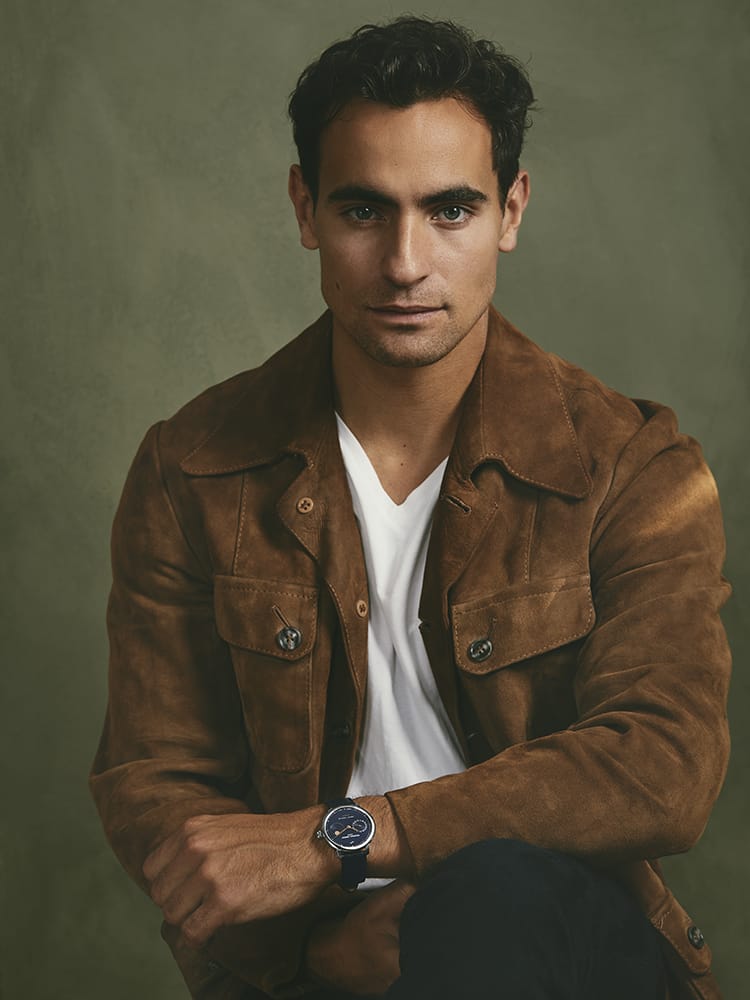 1988 Moonphase, Limited Edition by AV86 automatic moonphase watch with sapphire crystal and leather strap worn with casual autumn attire