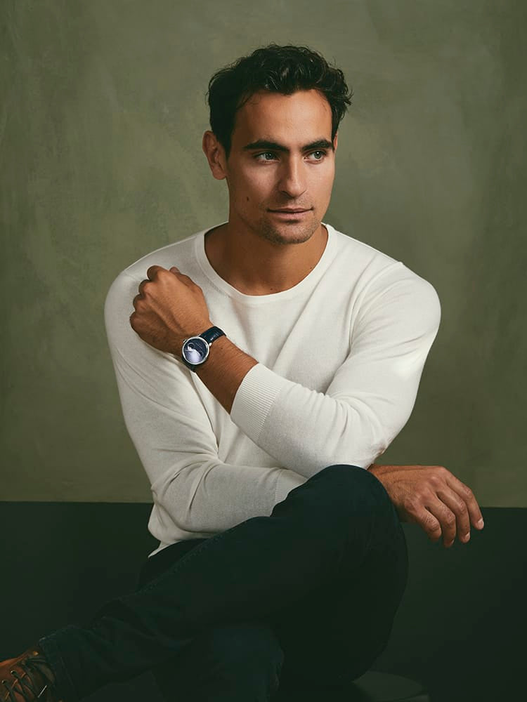 1988 Moonphase, Limited Edition by AV86 luxury automatic moonphase watch with sapphire crystal and leather strap on wrist
