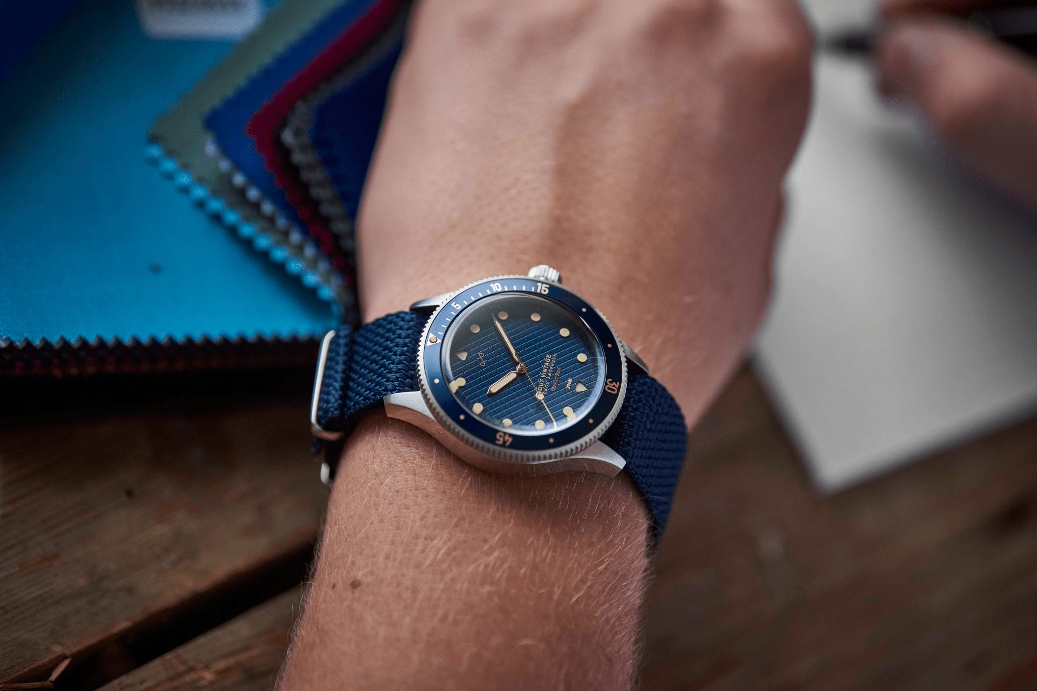 1926 At'sea Blue Turtle Vintage by AV86 vintage-inspired diver with sapphire crystal, compass bezel, and textured blue fabric strap