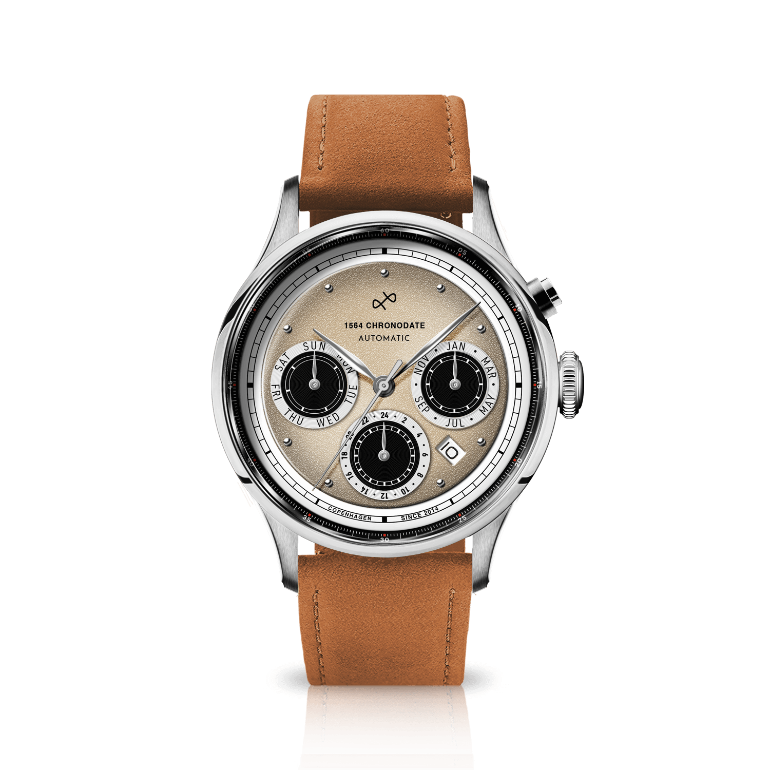 1564 Chronodate Automatic by AV86 vintage-inspired chronograph with sapphire crystal, multi-function dial, and brown leather strap