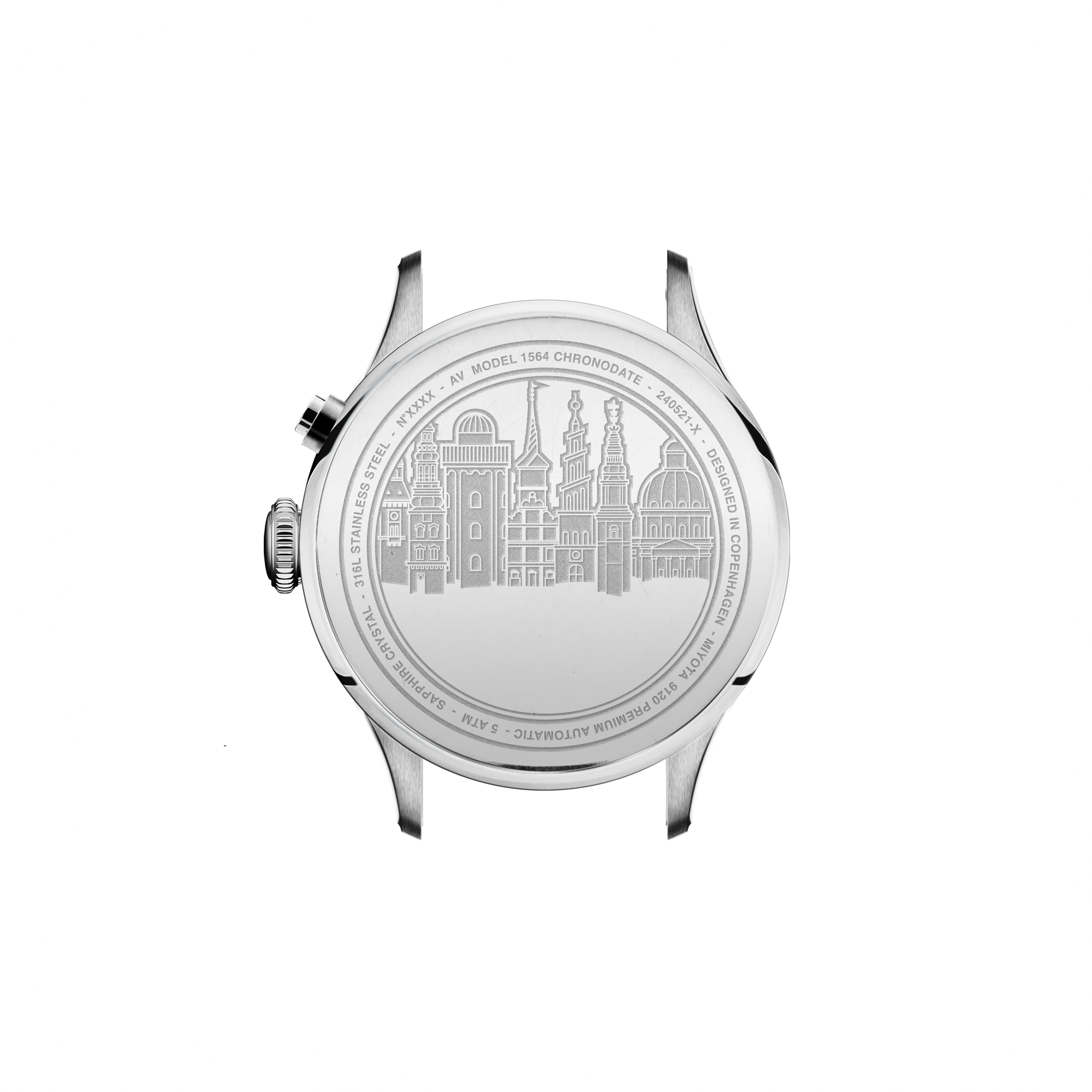 AV86 Model 1564 Chronodate case back engraved with Copenhagen city skyline, stainless steel, automatic movement detailing