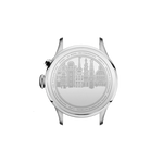 AV86 Model 1564 Chronodate case back engraved with Copenhagen city skyline, stainless steel, automatic movement detailing