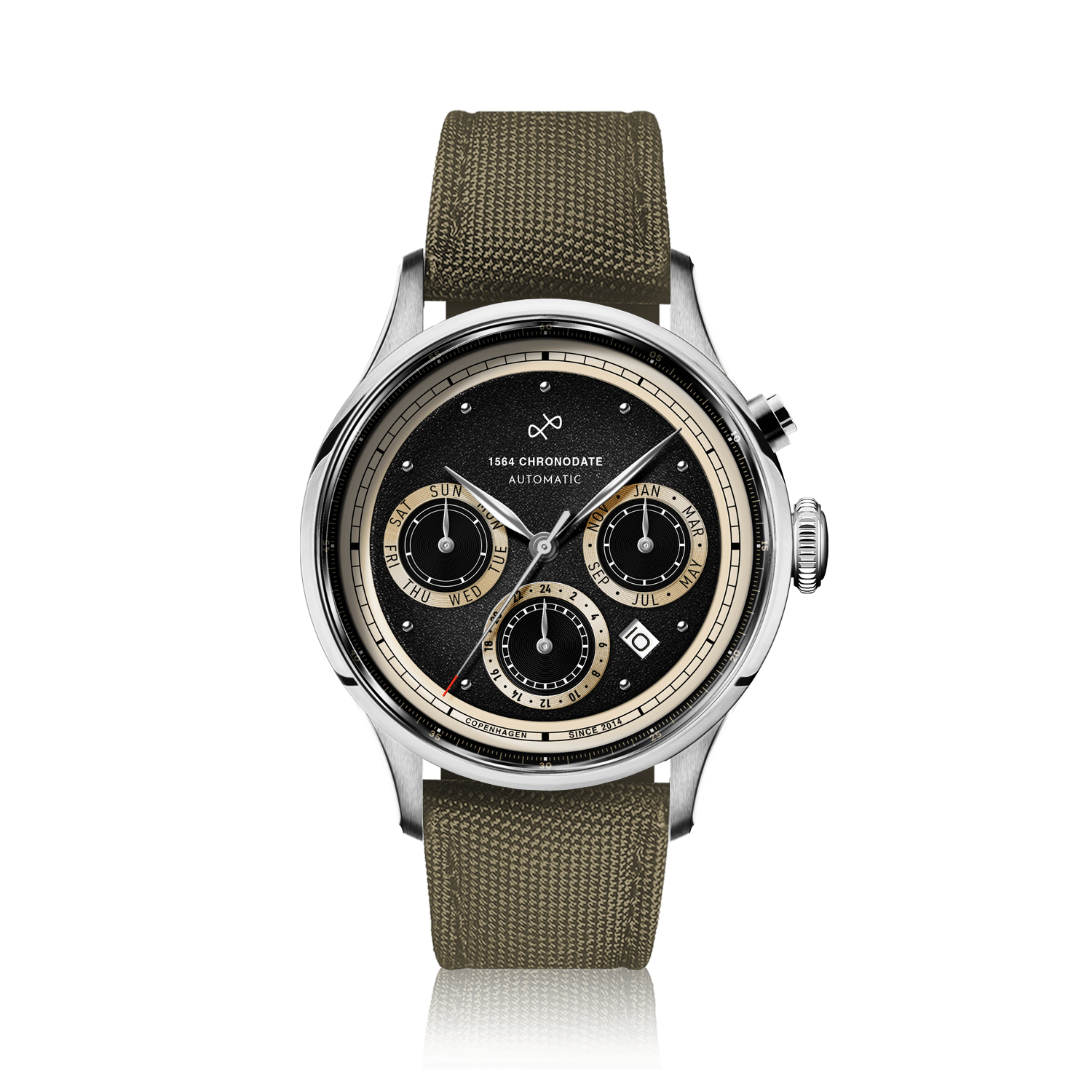 1564 Chronodate Automatic, Steel / Black watch by AV86 with black textured dial and olive green fabric strap