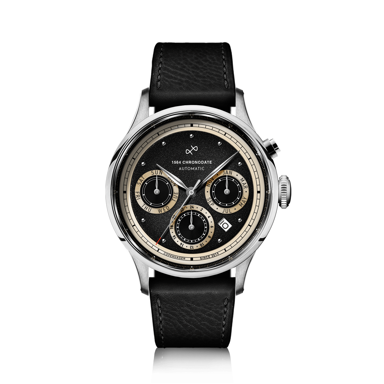1564 Chronodate Automatic, Steel / Black watch by AV86 with black leather strap and detailed multifunction dial design