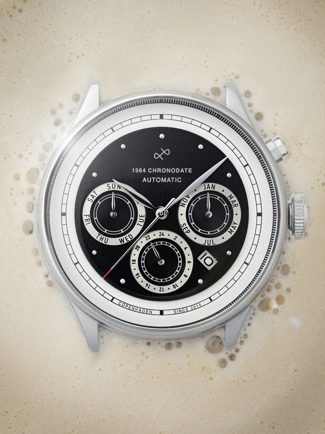 1564 Chronodate Automatic by AV86 luxury chronograph with vintage-inspired dial, sapphire crystal, calendar subdials, and stainless steel case