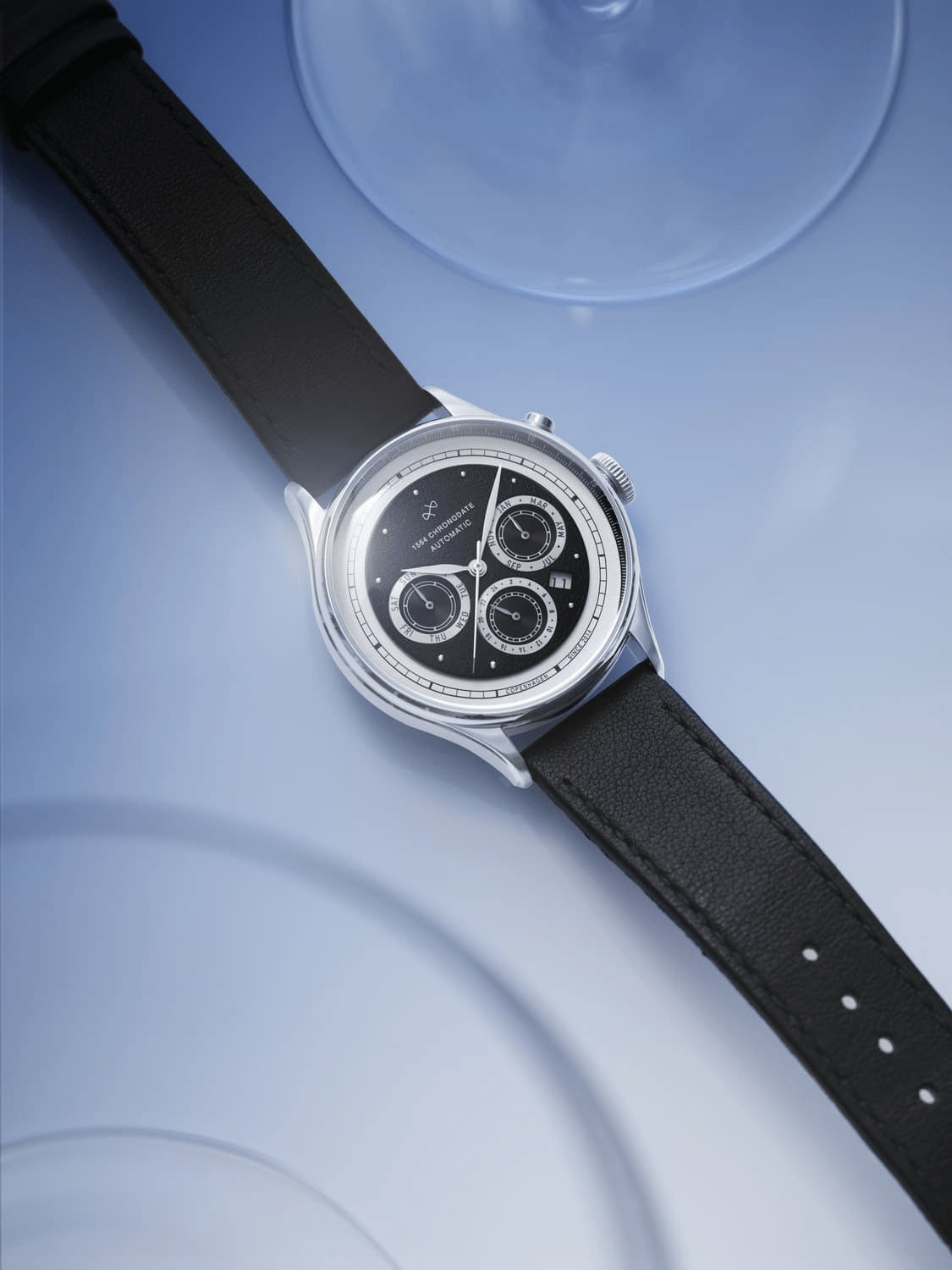 1564 Chronodate Automatic by AV86 vintage-inspired automatic chronograph with sapphire crystal and black leather strap