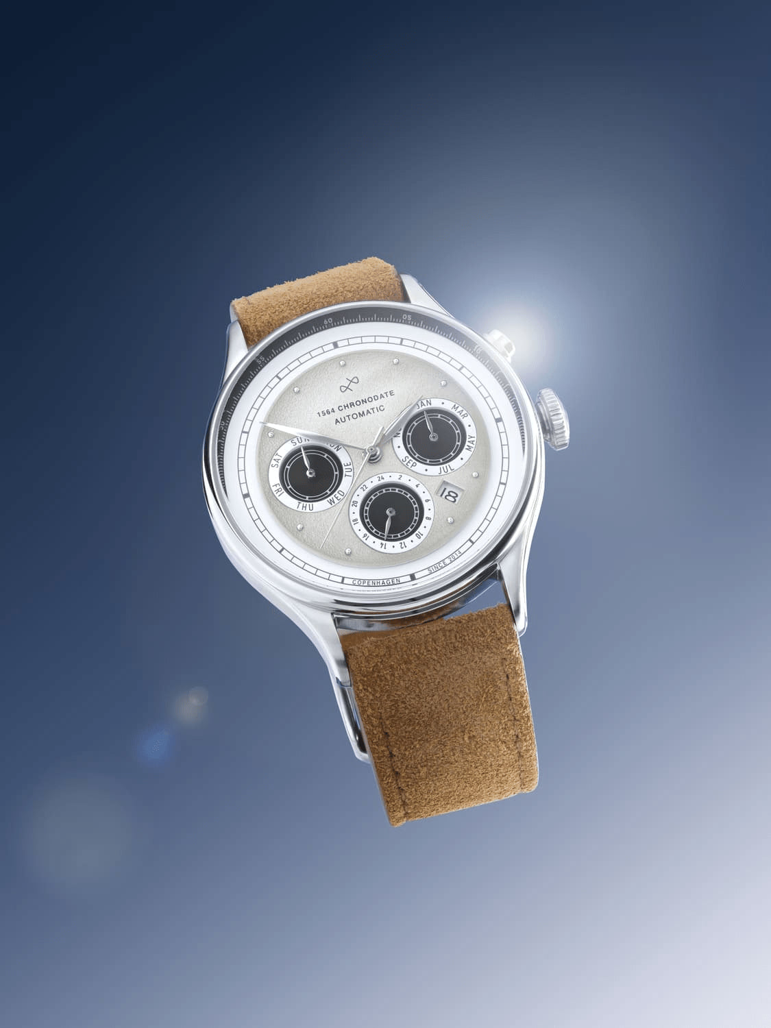 1564 Chronodate Automatic by AV86 with vintage-inspired dial, chronograph subdials, sapphire crystal, and brown suede leather strap