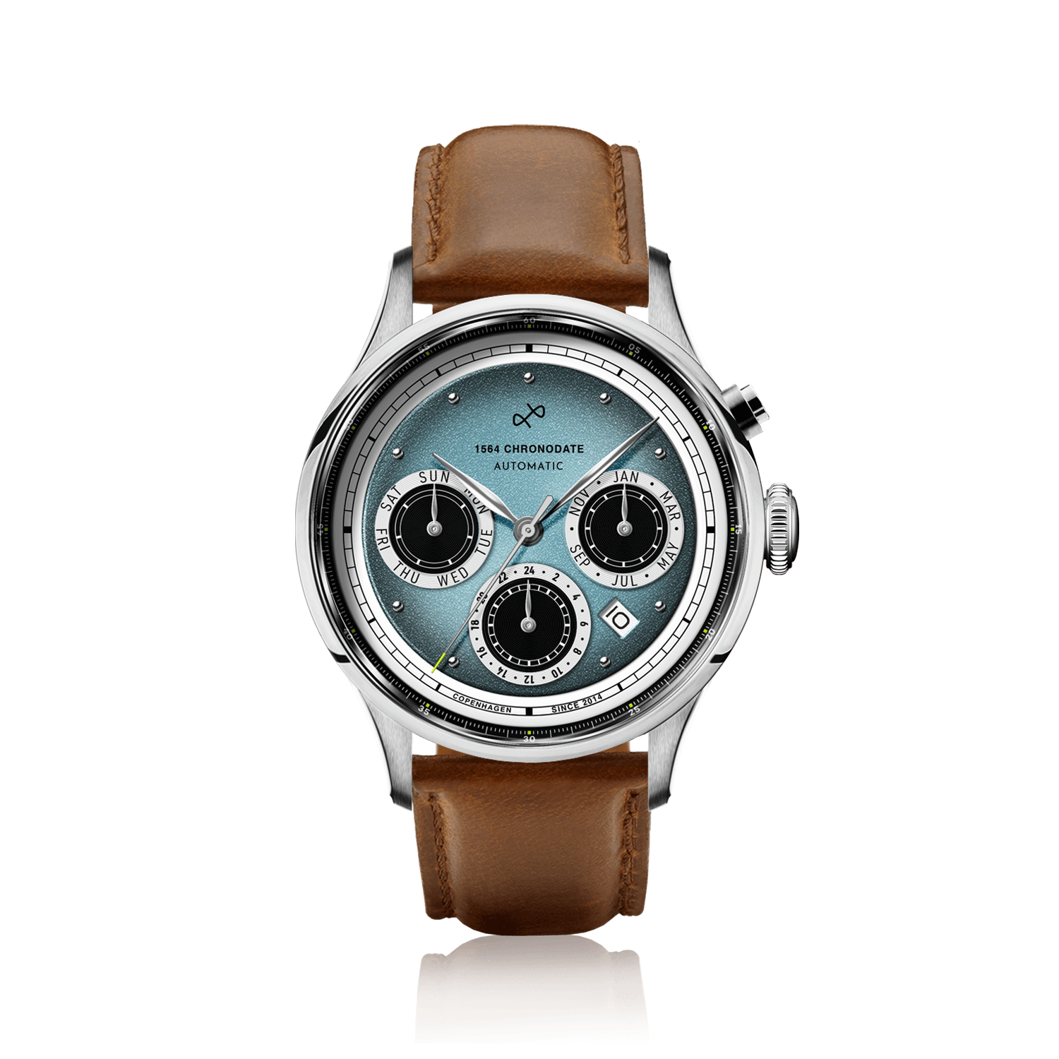 1564 Chronodate Automatic by AV86 vintage-inspired automatic with sapphire crystal, chronograph dial, and brown leather strap