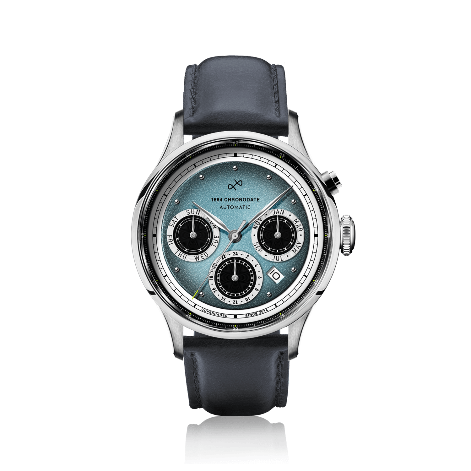 1564 Chronodate Automatic by AV86 vintage-inspired automatic chronograph with sapphire crystal and leather strap