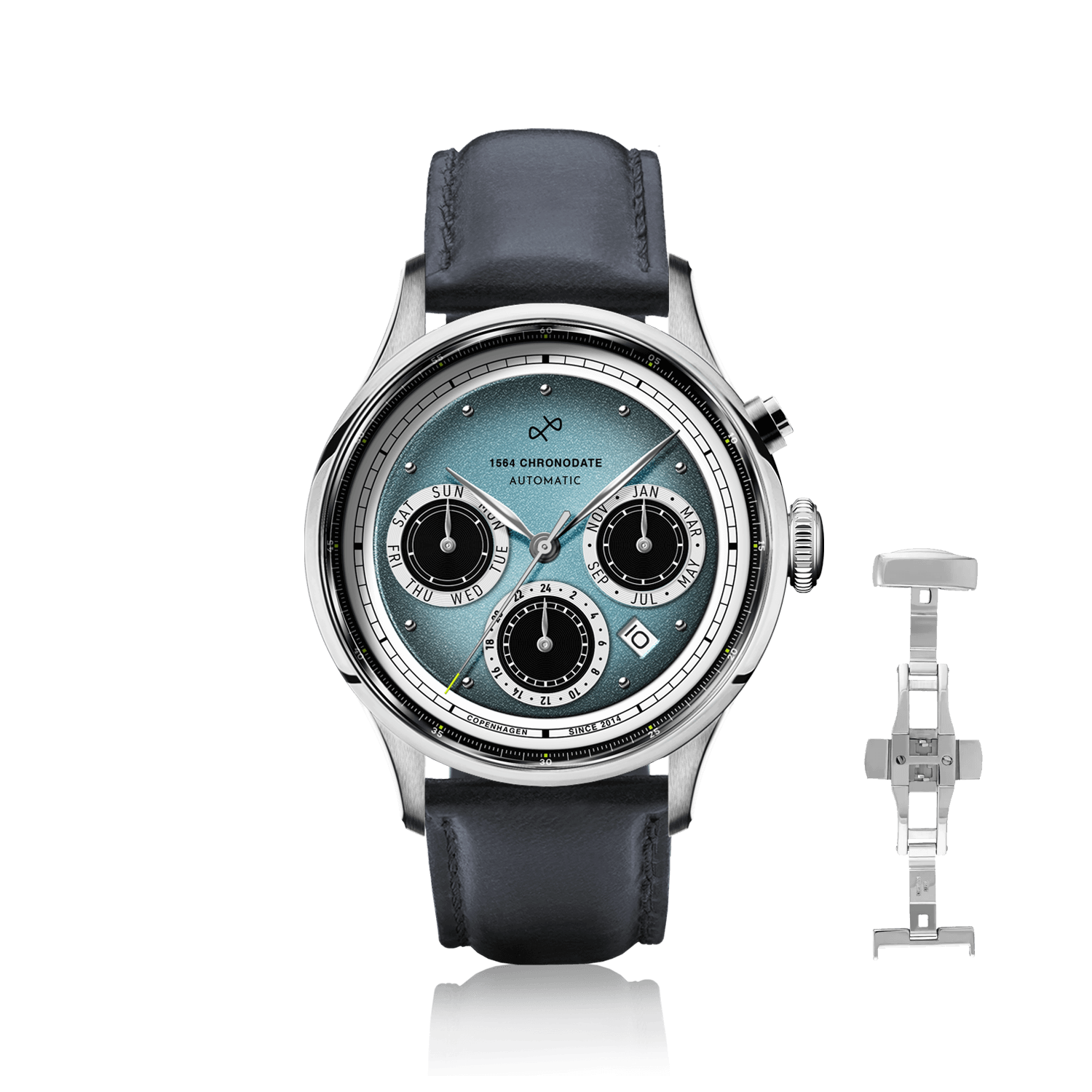 1564 Chronodate Automatic by AV86 with vintage-inspired dial, chronograph, sapphire crystal, and black leather strap