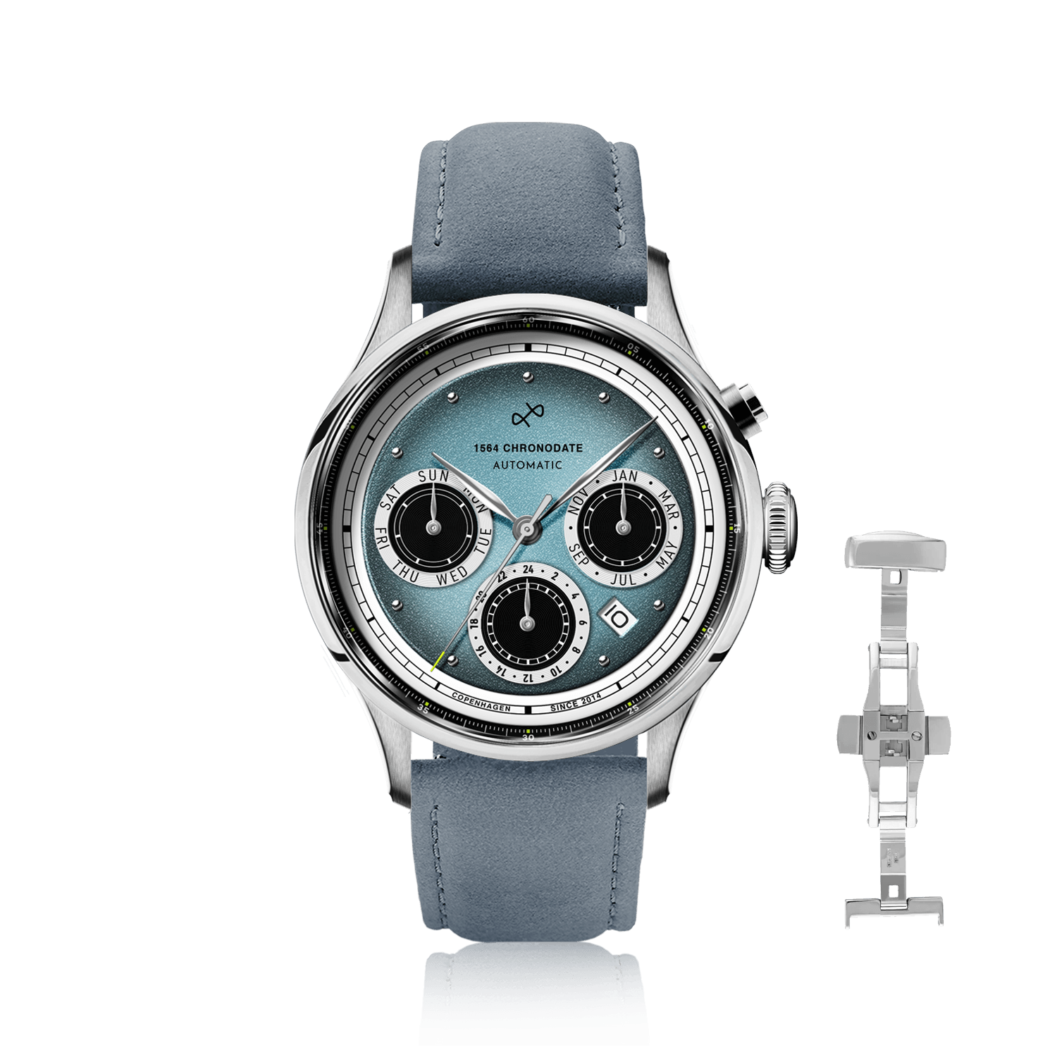 1564 Chronodate Automatic by AV86 luxury vintage-inspired chronograph with sapphire crystal, textured dial, and leather strap
