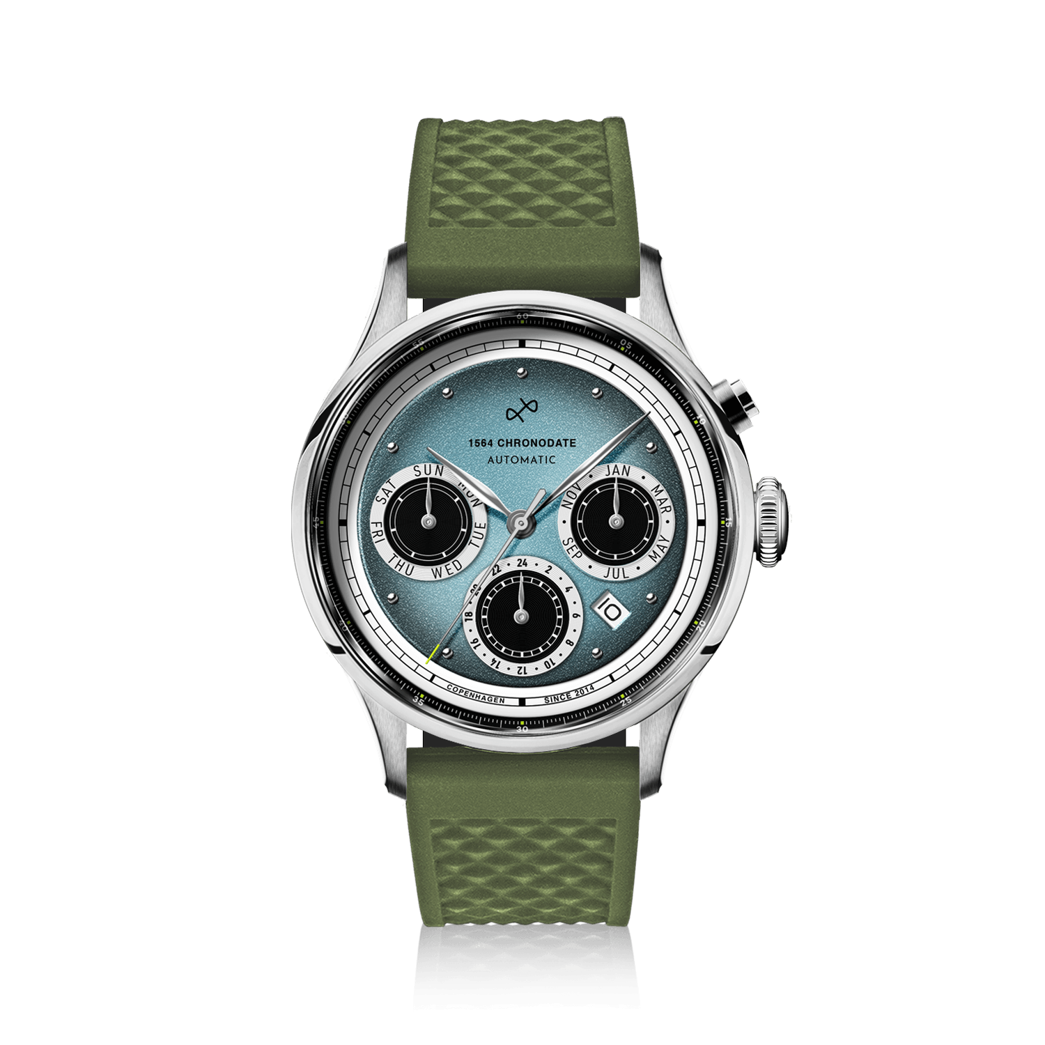 1564 Chronodate Automatic by AV86 vintage-inspired chronograph with sapphire crystal, multifunction dial, and green rubber strap