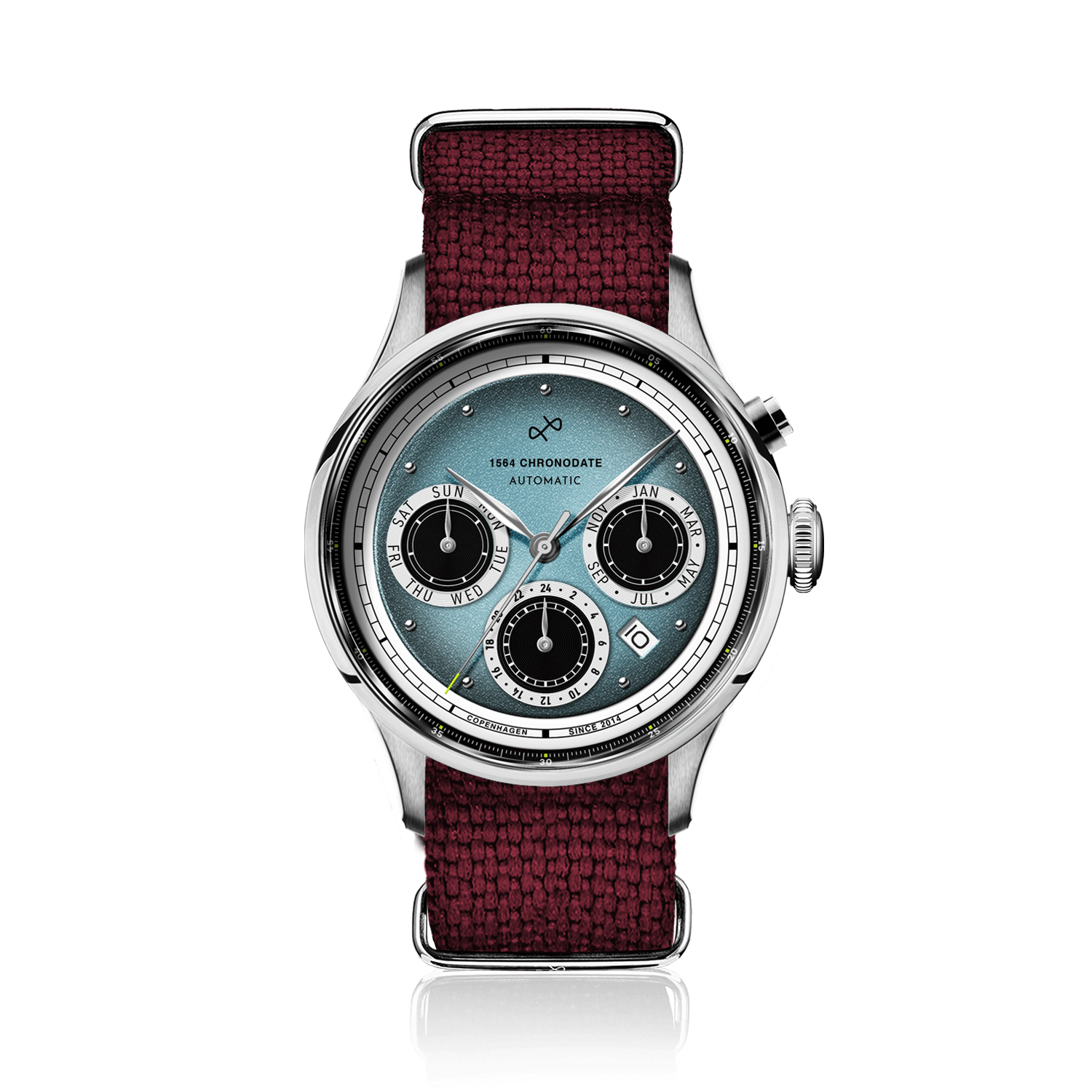 1564 Chronodate Automatic by AV86 vintage-inspired chronograph with sapphire crystal, date window, and textured fabric strap