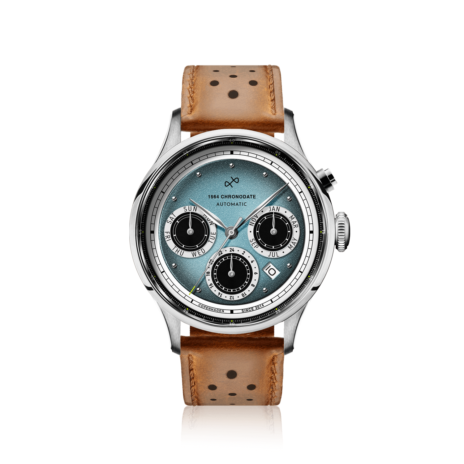 1564 Chronodate Automatic by AV86 vintage-inspired automatic chronograph with sapphire crystal, multifunction dial, and perforated brown leather strap
