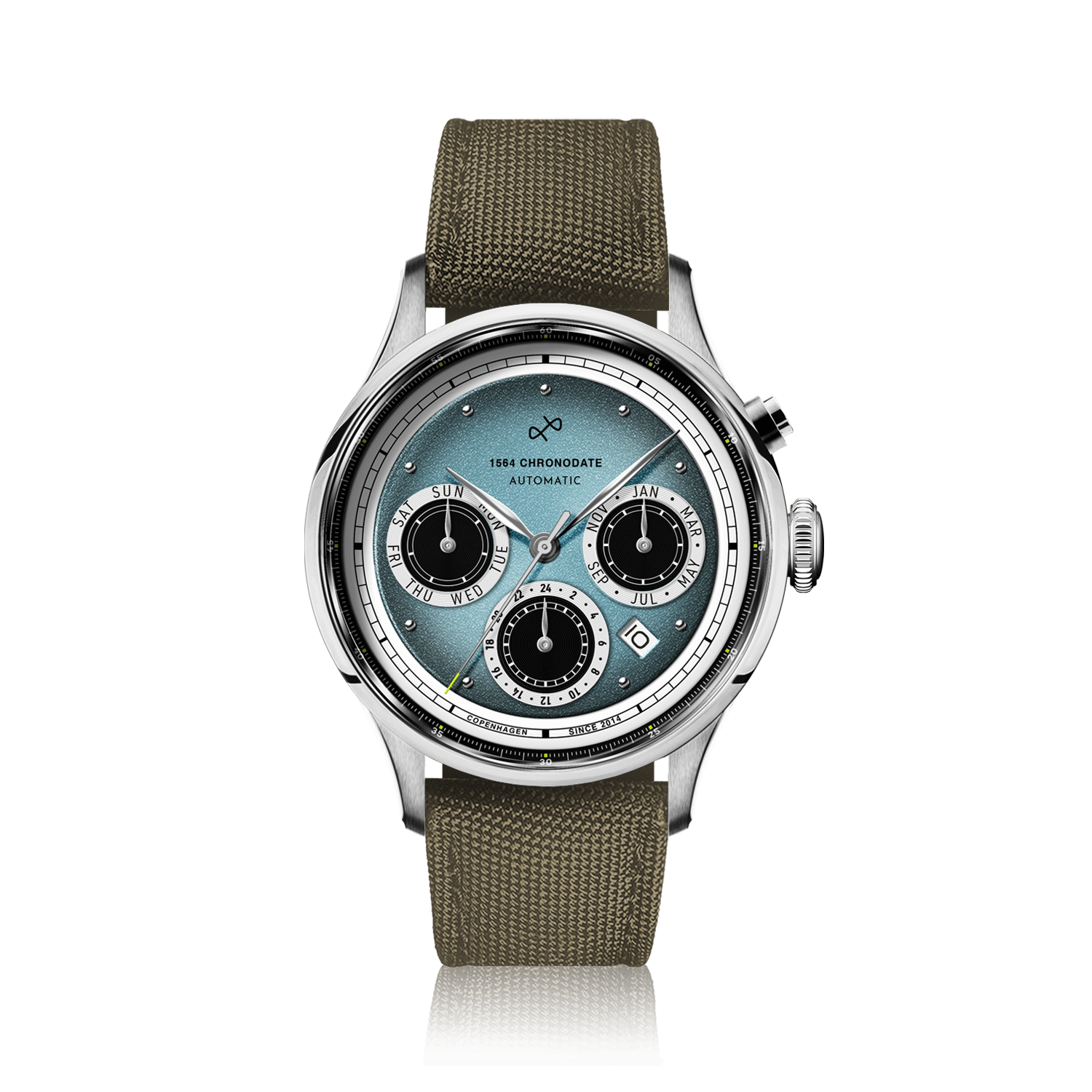 1564 Chronodate Automatic by AV86 vintage-inspired chronograph with sapphire crystal, automatic movement, and woven fabric strap