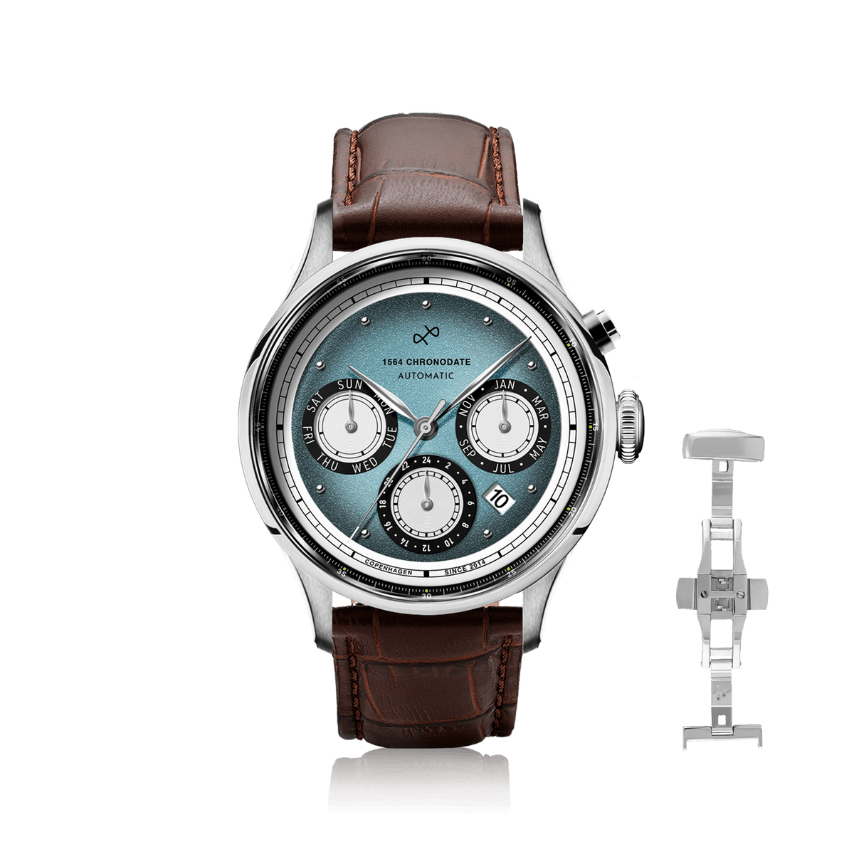 AV86 1564 Chronodate Automatic, Steel / Ice Blue & White automatic watch with ice blue dial, triple calendar, steel case, brown leather strap, and clasp tool