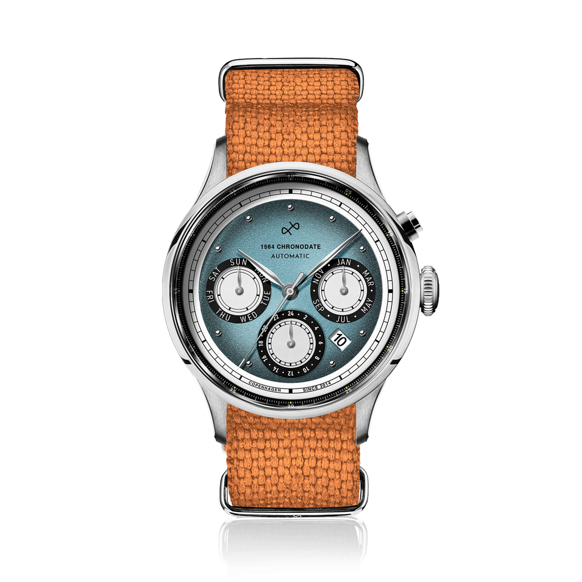 AV86 1564 Chronodate Automatic, Steel / Ice Blue & White automatic watch with ice blue triple-calendar dial, polished steel case, and orange woven strap