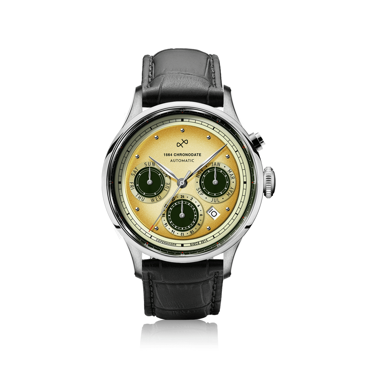1564 Chronodate Automatic by AV86 vintage-inspired automatic chronograph with sapphire crystal and black leather strap