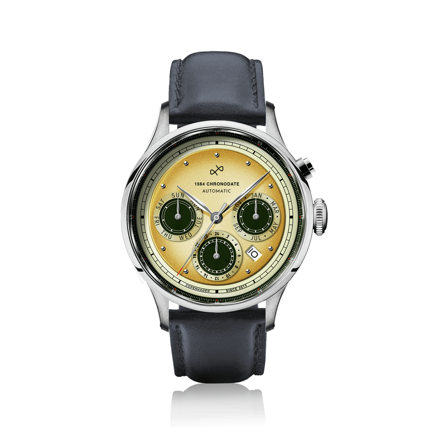 1564 Chronodate Automatic by AV86 vintage-inspired automatic watch with sapphire crystal, chronograph subdials, and black leather strap