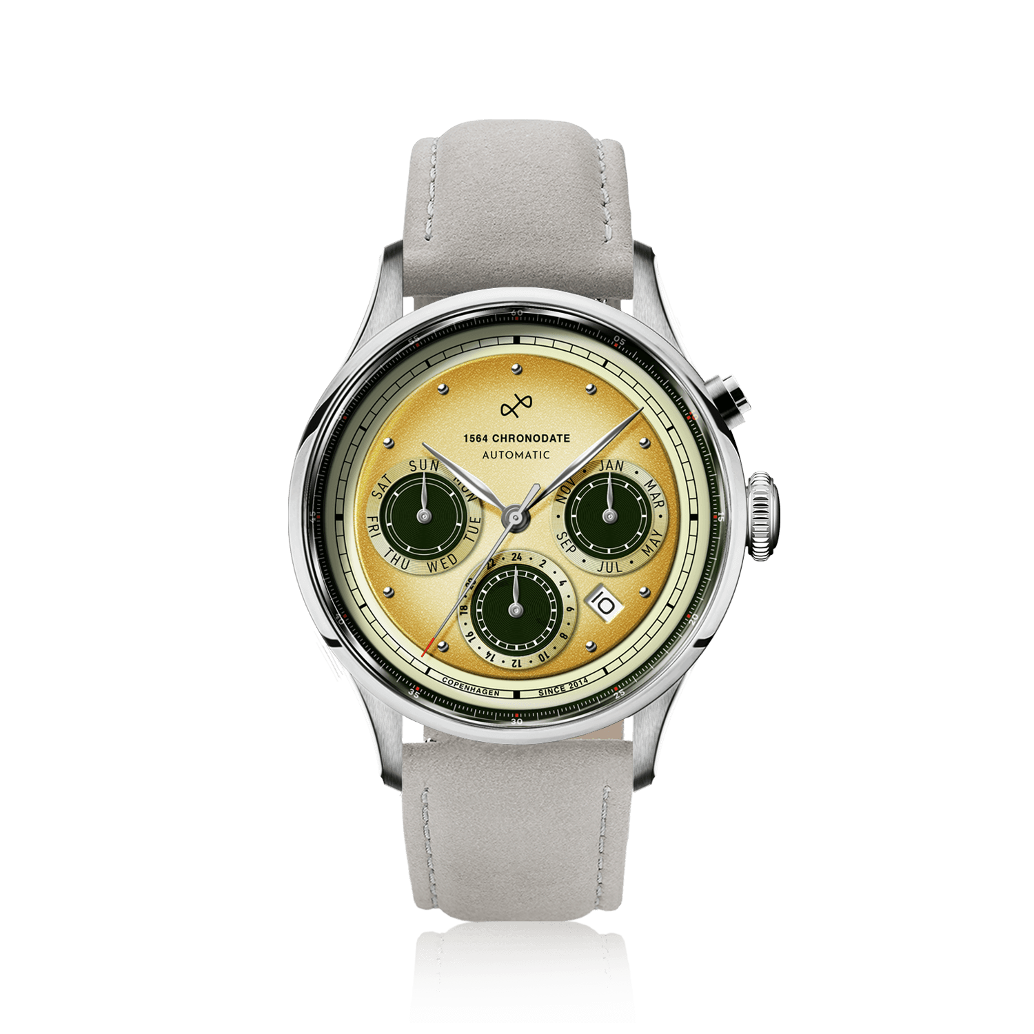 1564 Chronodate Automatic by AV86 with vintage-inspired dial, chronograph functions, sapphire crystal, and soft leather strap