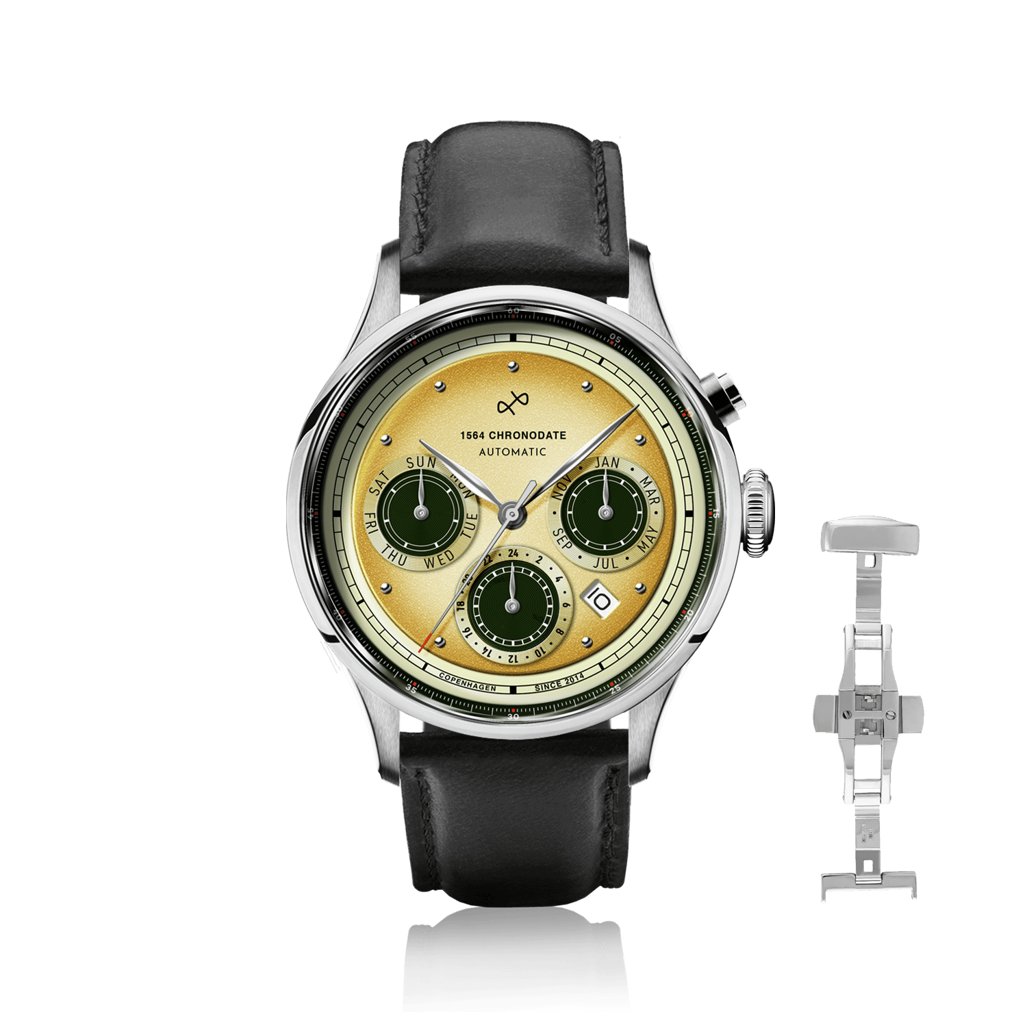 1564 Chronodate Automatic by AV86 vintage-inspired chronograph with sapphire crystal, black leather strap, and multifunction dial