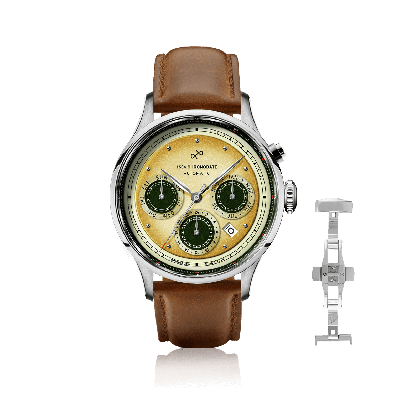 1564 Chronodate Automatic by AV86 vintage-inspired automatic watch with chronograph, sapphire crystal, and brown leather strap