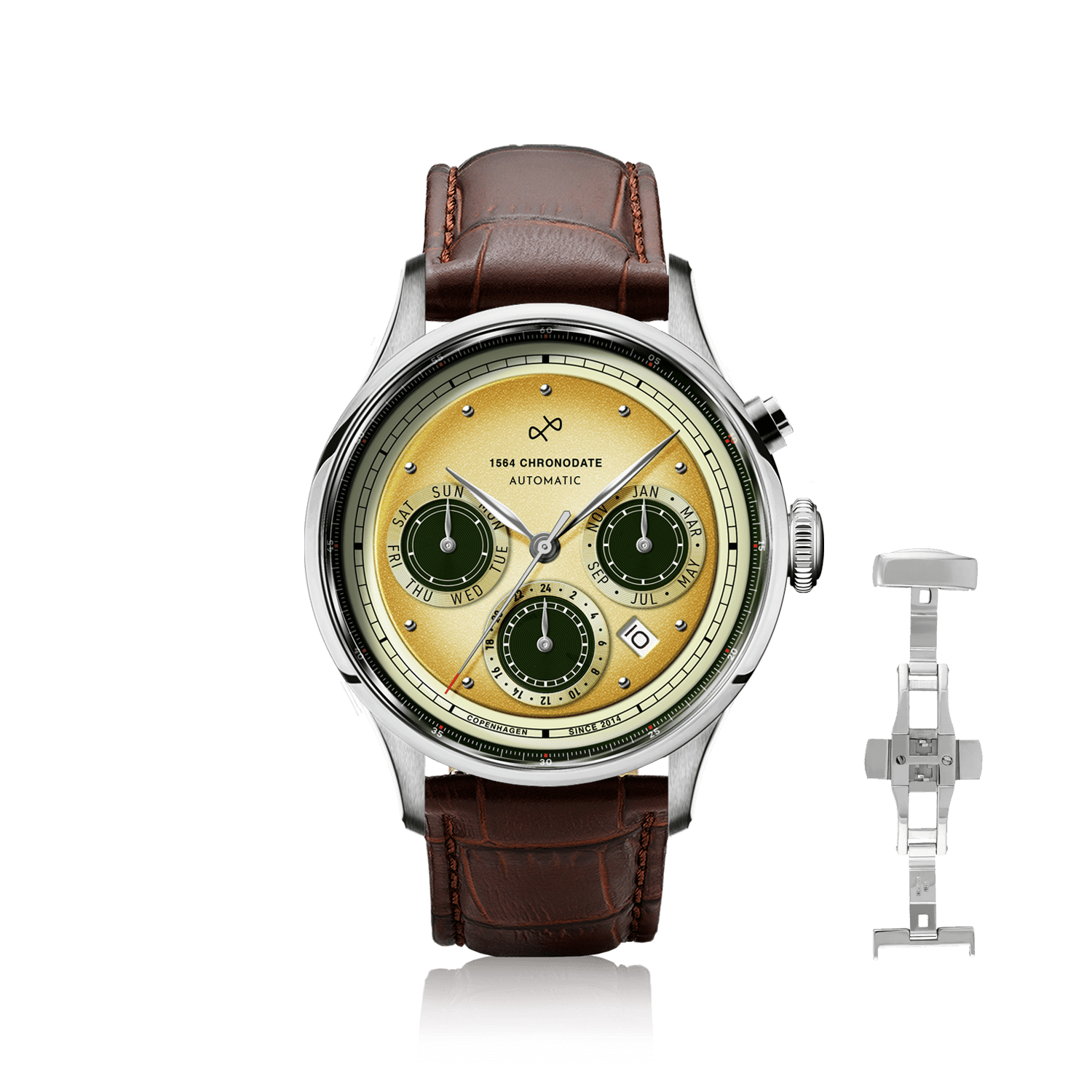 1564 Chronodate Automatic by AV86 with vintage-inspired dial, chronograph function, sapphire crystal, and brown leather strap