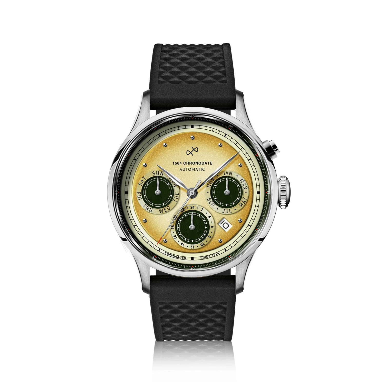 1564 Chronodate Automatic by AV86 vintage-inspired chronograph with sapphire crystal, automatic movement, and textured rubber strap