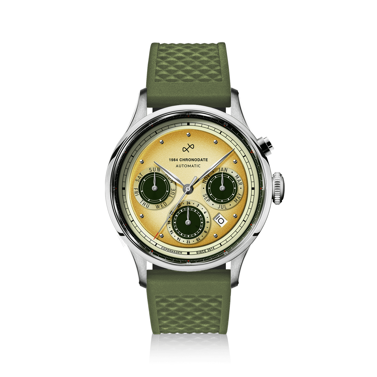 1564 Chronodate Automatic by AV86 luxury vintage-inspired chronograph with sapphire crystal and textured rubber strap