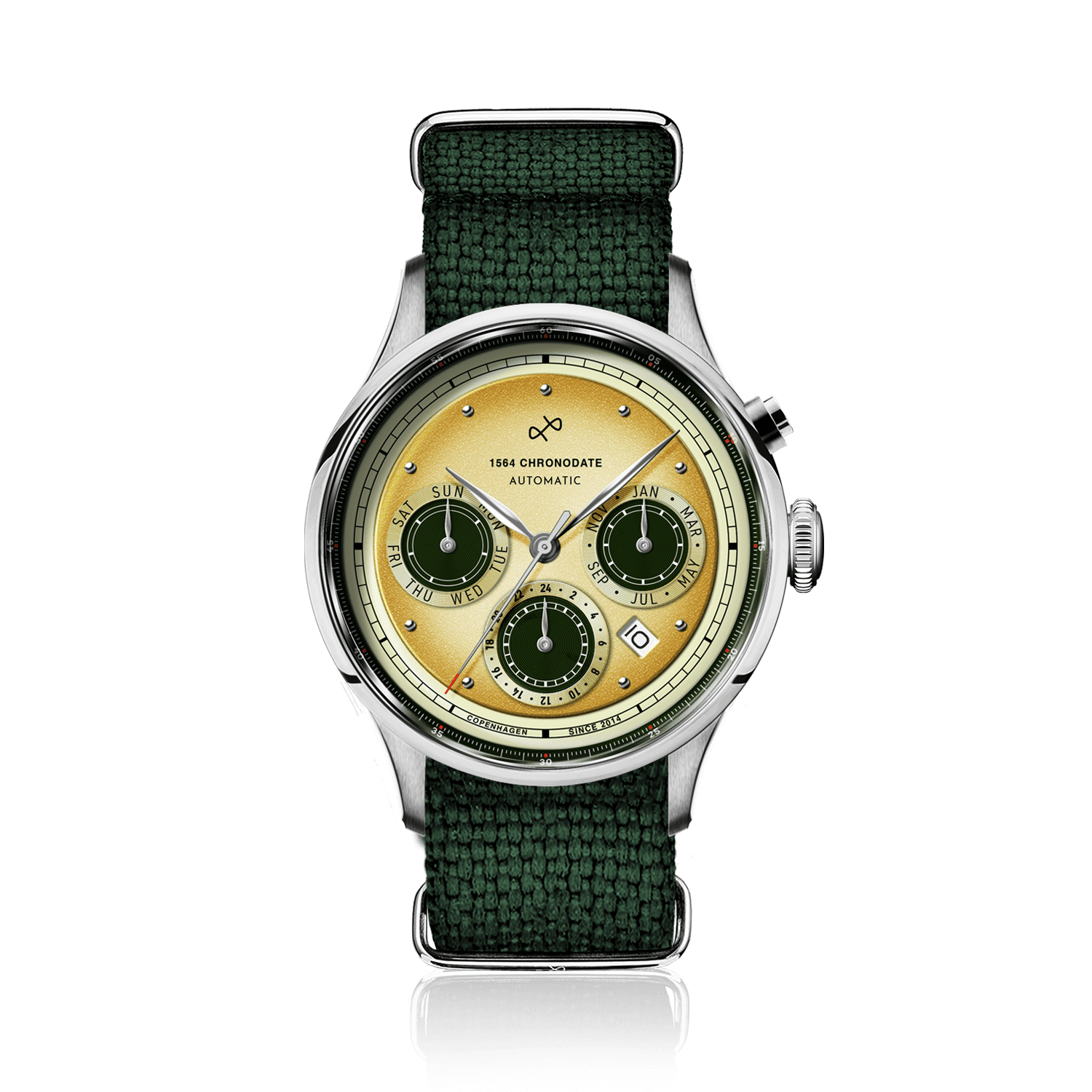 1564 Chronodate Automatic by AV86 vintage-inspired automatic chronograph with sapphire crystal, multi-function dial, and green fabric strap