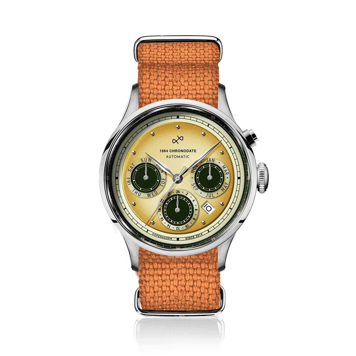 1564 Chronodate Automatic by AV86 vintage-inspired automatic chronograph with sapphire crystal and textured fabric strap
