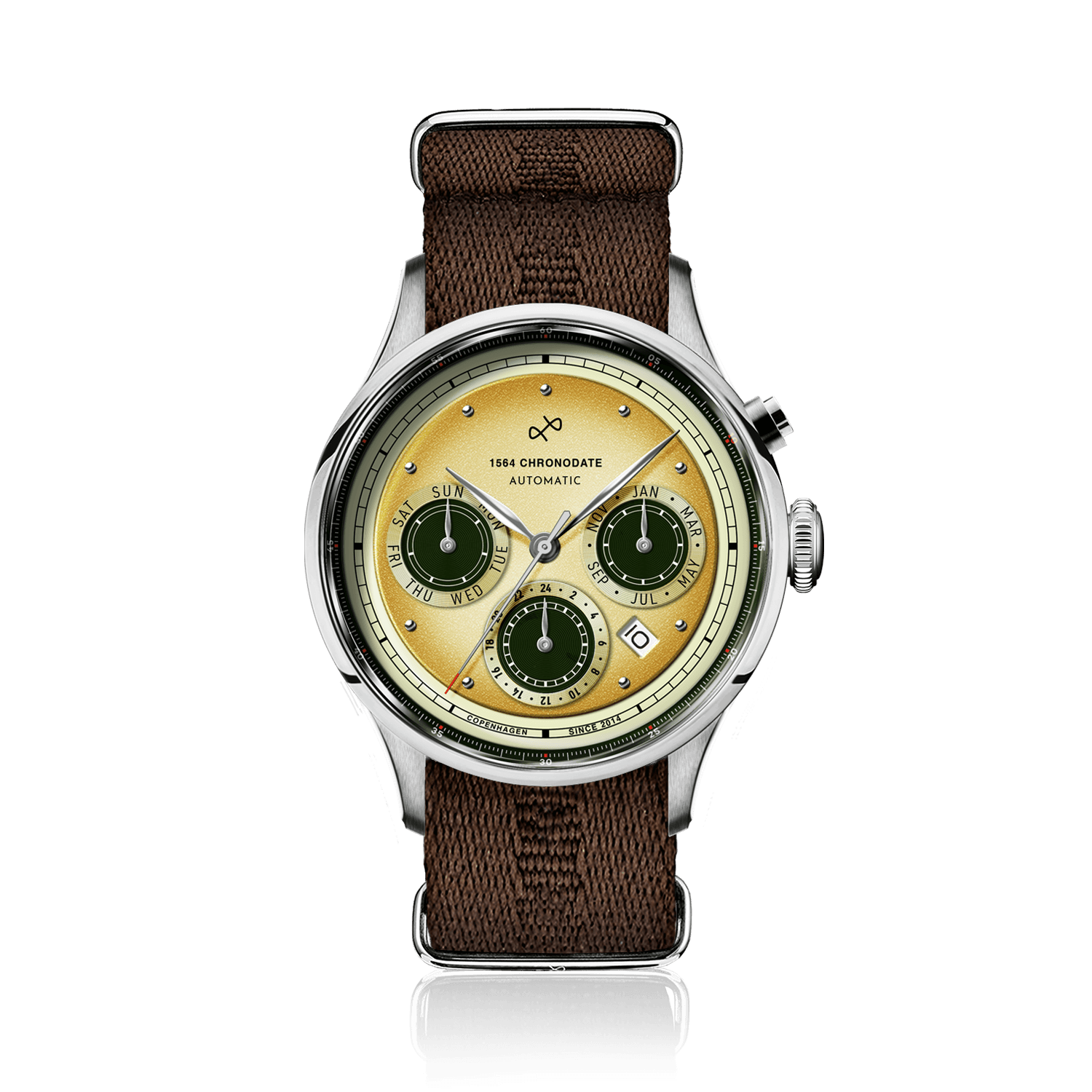1564 Chronodate Automatic by AV86 vintage-inspired automatic chronograph with sapphire crystal and textured brown fabric strap