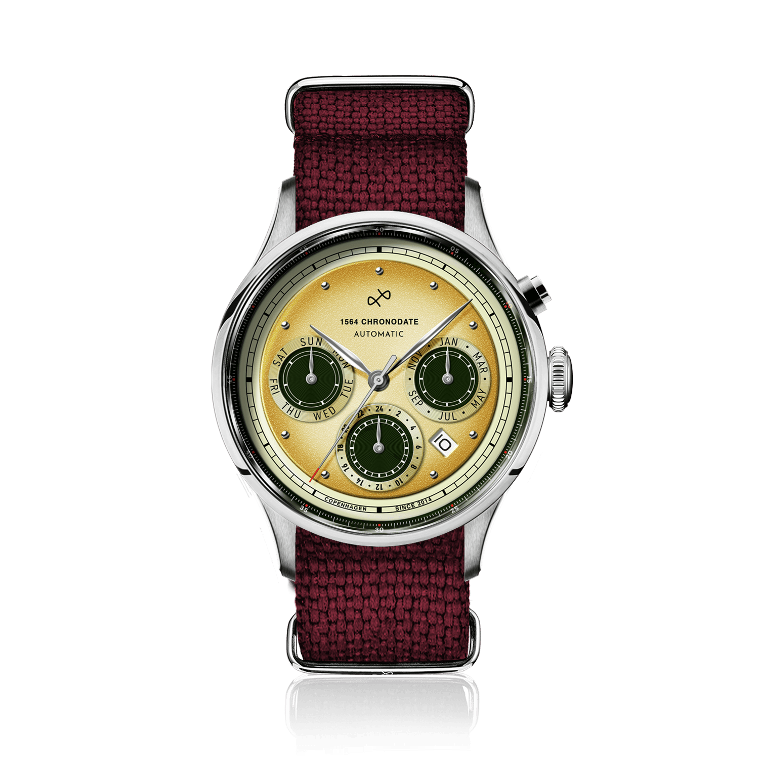 1564 Chronodate Automatic by AV86 vintage-inspired chronograph with sapphire crystal, multi-function dial, and burgundy fabric strap