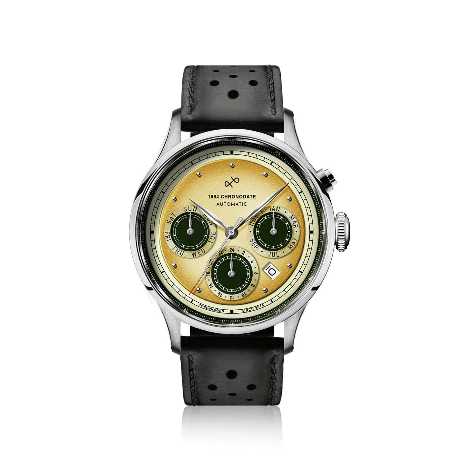 1564 Chronodate Automatic by AV86 vintage-inspired automatic chronograph with sapphire crystal and perforated black leather strap