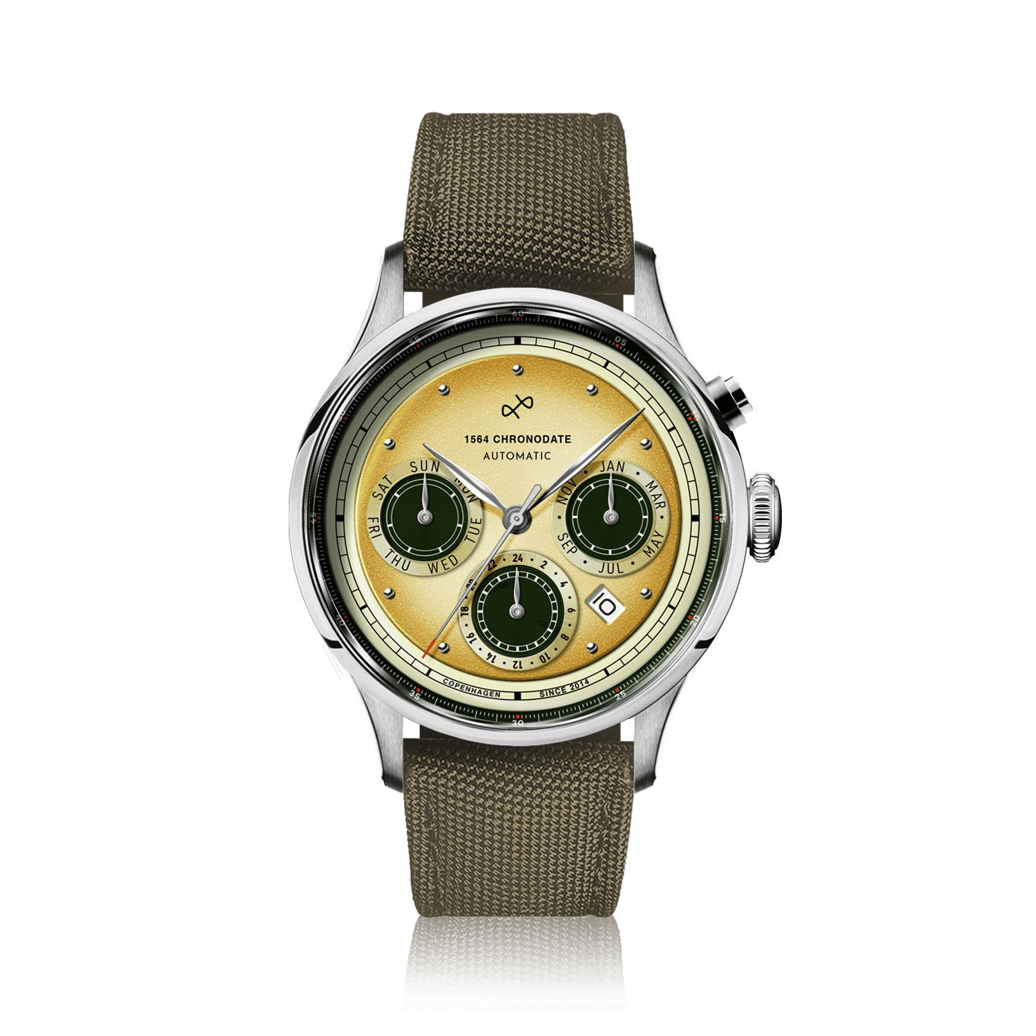 1564 Chronodate Automatic by AV86 vintage-inspired chronograph with sapphire crystal, multi-function dial, and textured fabric strap
