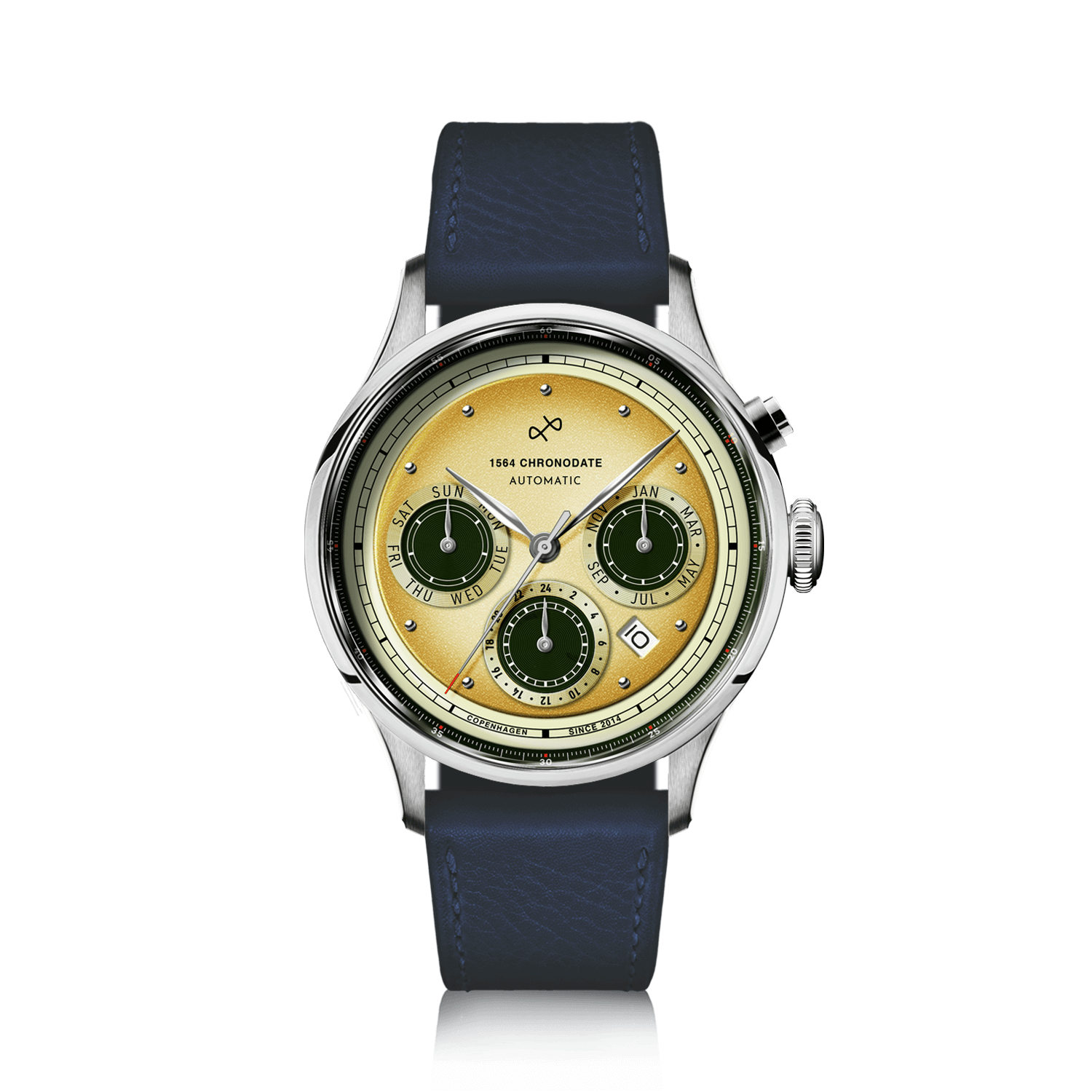 1564 Chronodate Automatic by AV86 vintage-inspired automatic chronograph with sapphire crystal, date, and leather strap