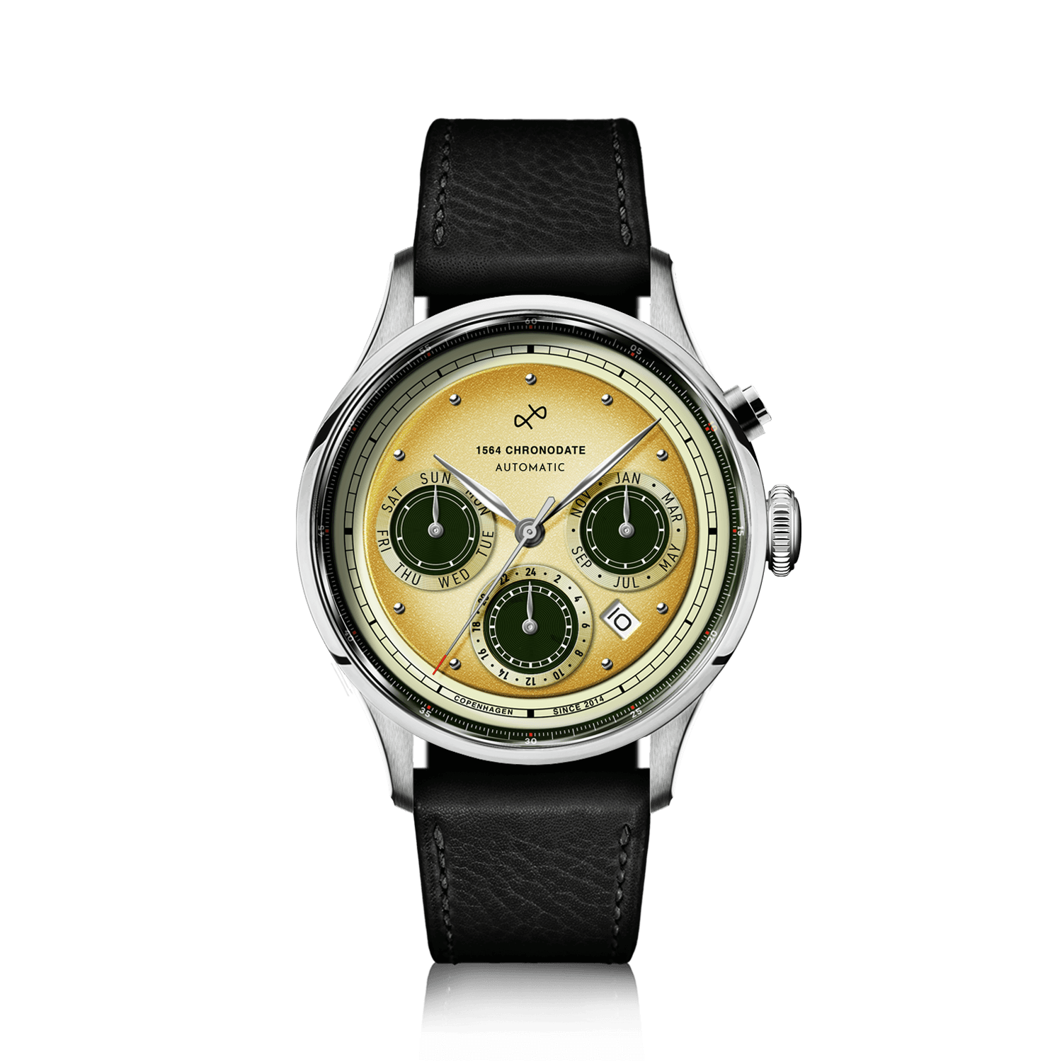 1564 Chronodate Automatic by AV86 vintage-inspired chronograph with sapphire crystal, date function, and black leather strap