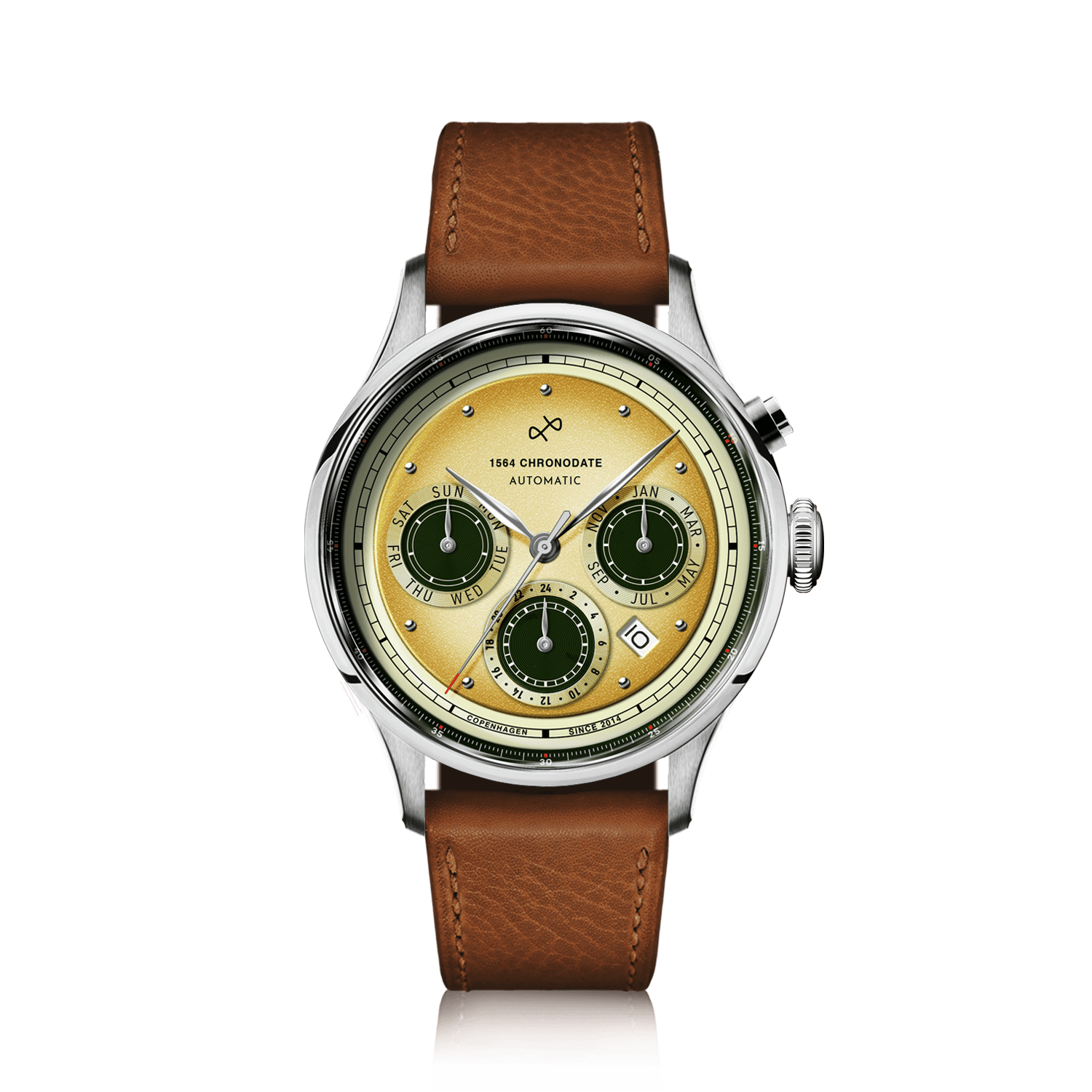 1564 Chronodate Automatic by AV86 vintage-inspired chronograph with sapphire crystal, textured dial, and brown leather strap