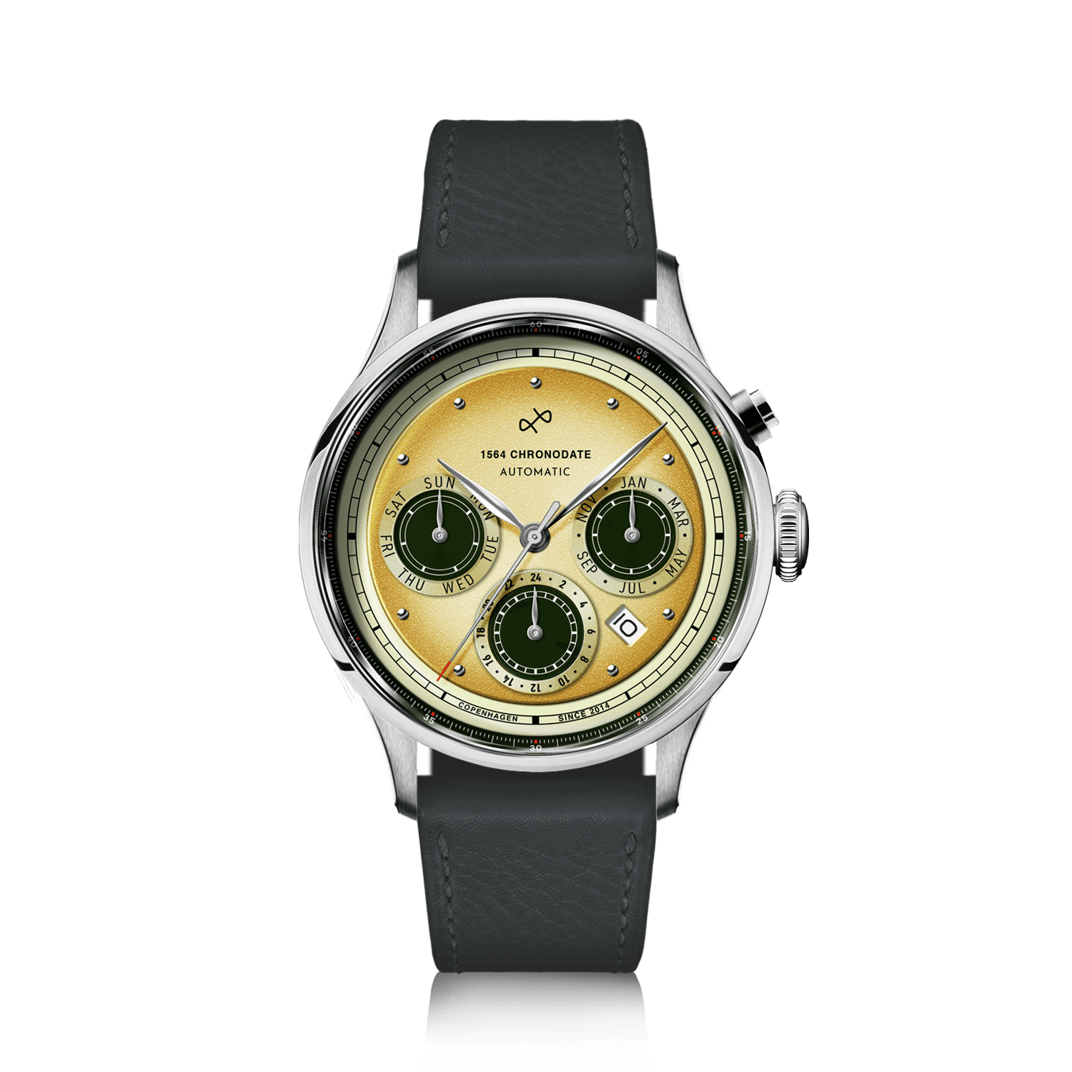 1564 Chronodate Automatic by AV86 with vintage-inspired dial, sapphire crystal, chronograph subdials, date window, and leather strap