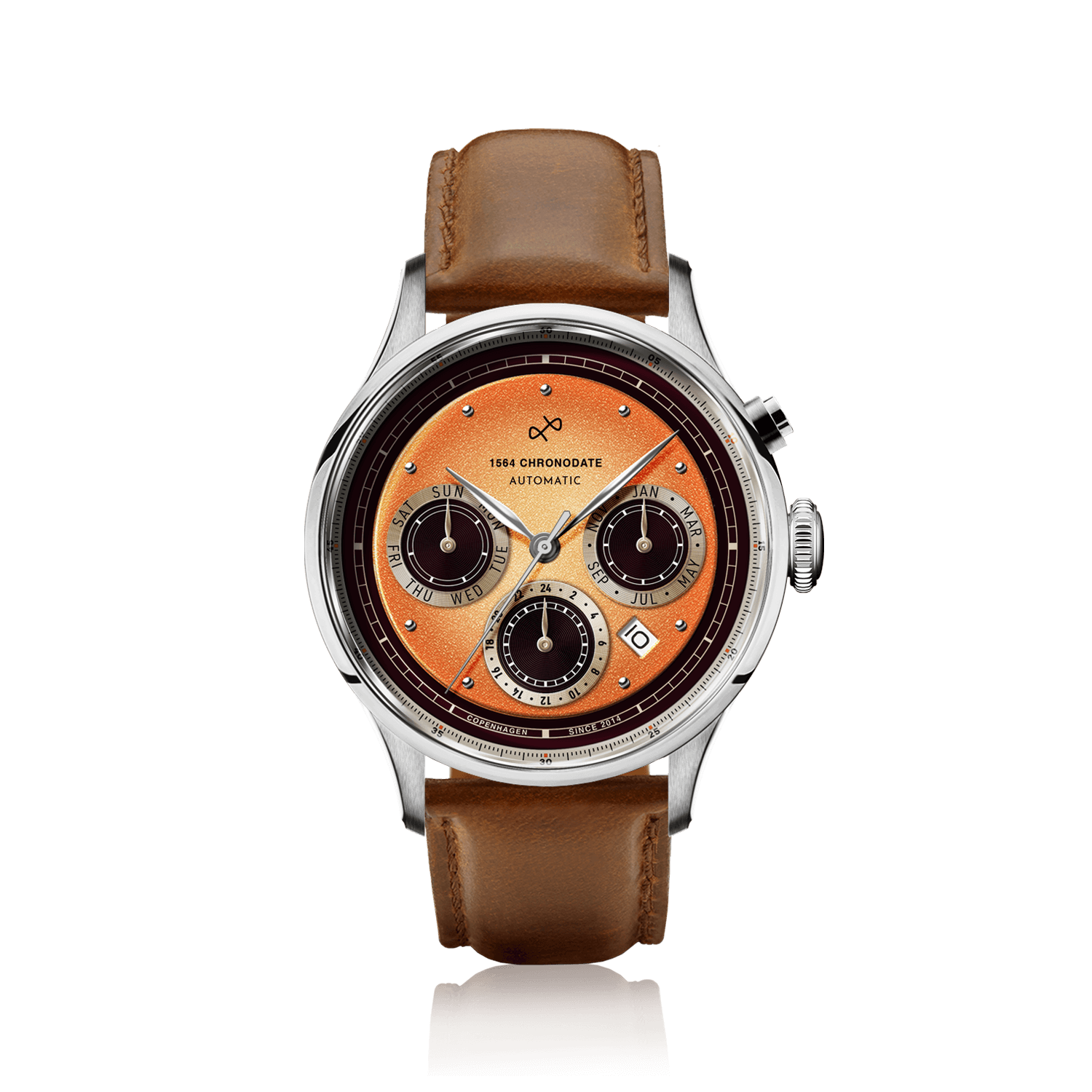 1564 Chronodate Automatic by AV86 vintage-inspired chronograph with sapphire crystal, leather strap, and multi-function dial