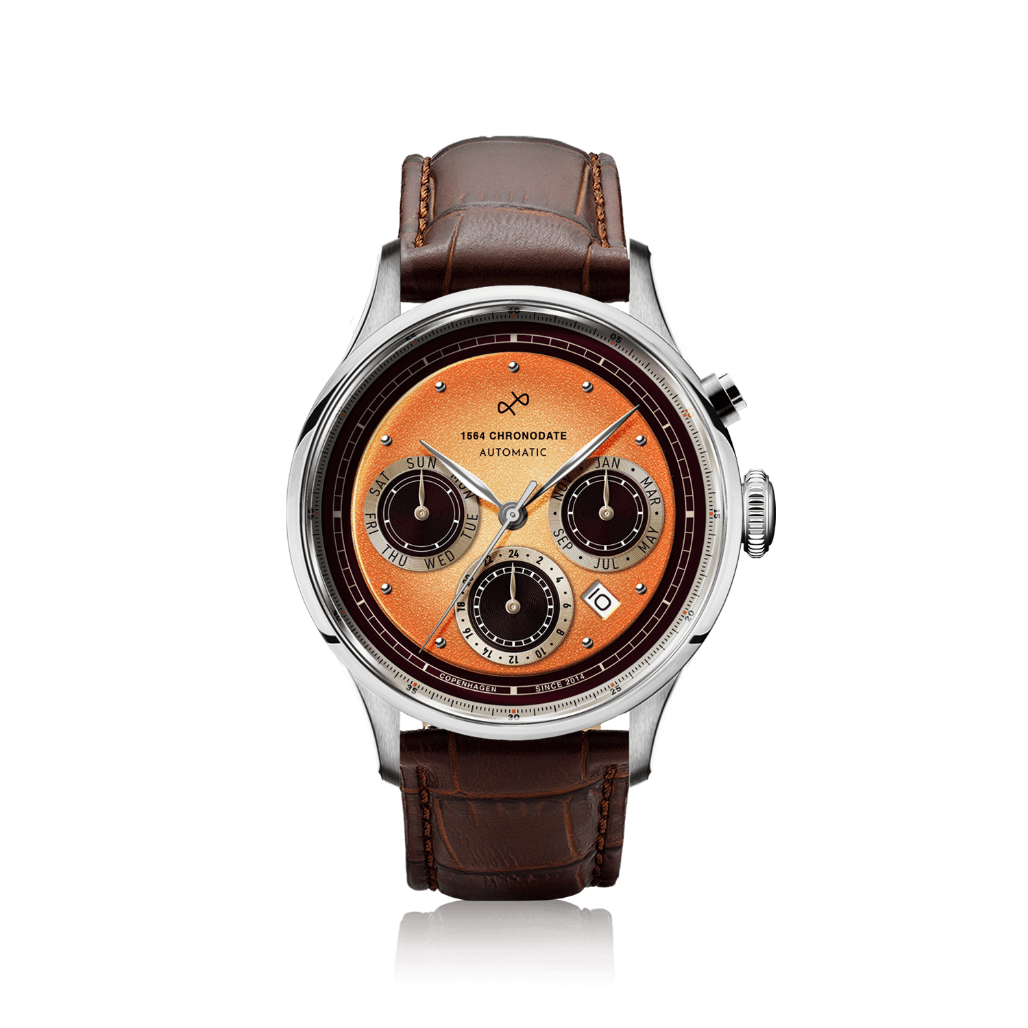 1564 Chronodate Automatic by AV86 vintage-inspired chronograph with sapphire crystal, automatic movement, and brown leather strap