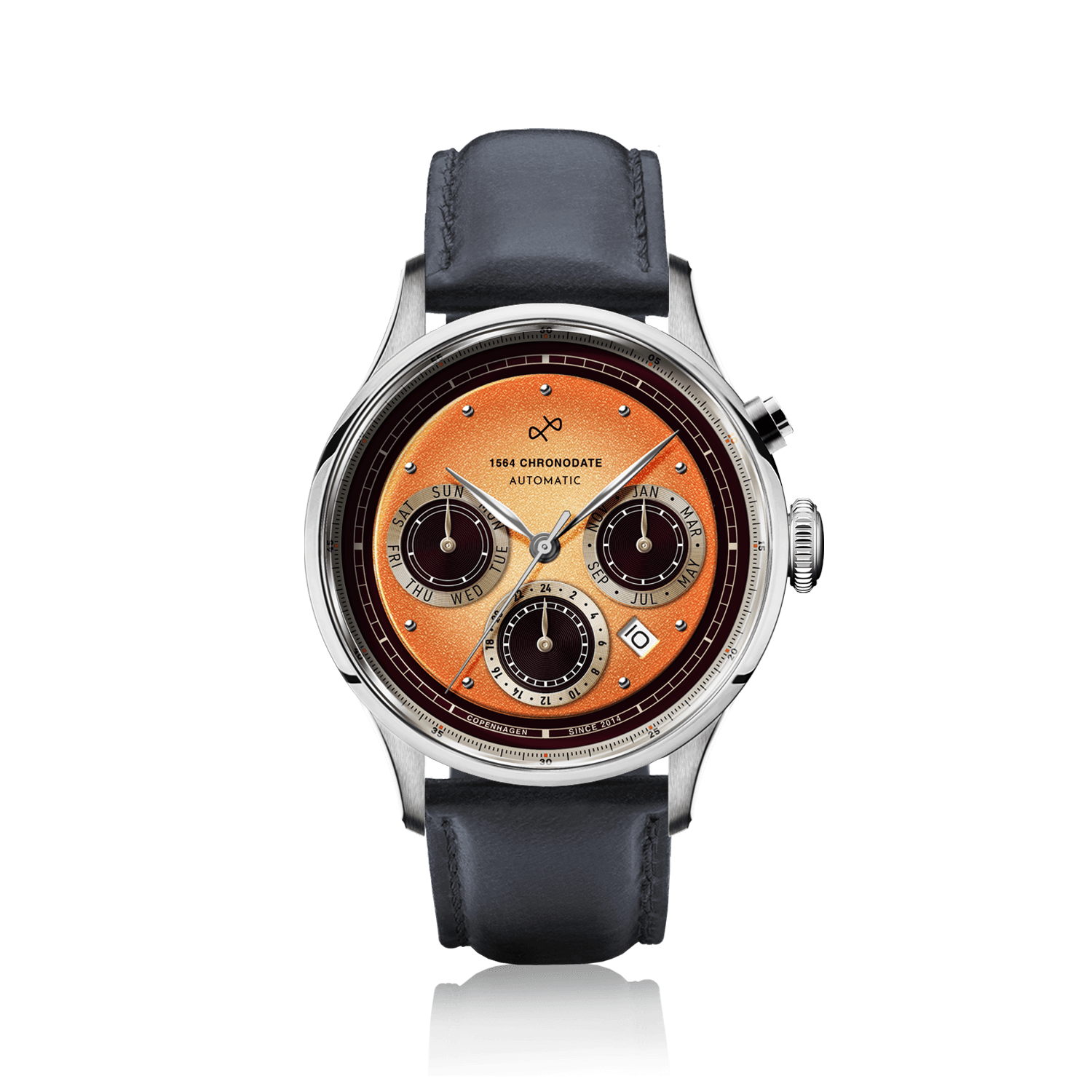 1564 Chronodate Automatic by AV86 vintage-inspired chronograph with sapphire crystal, automatic movement, and black leather strap