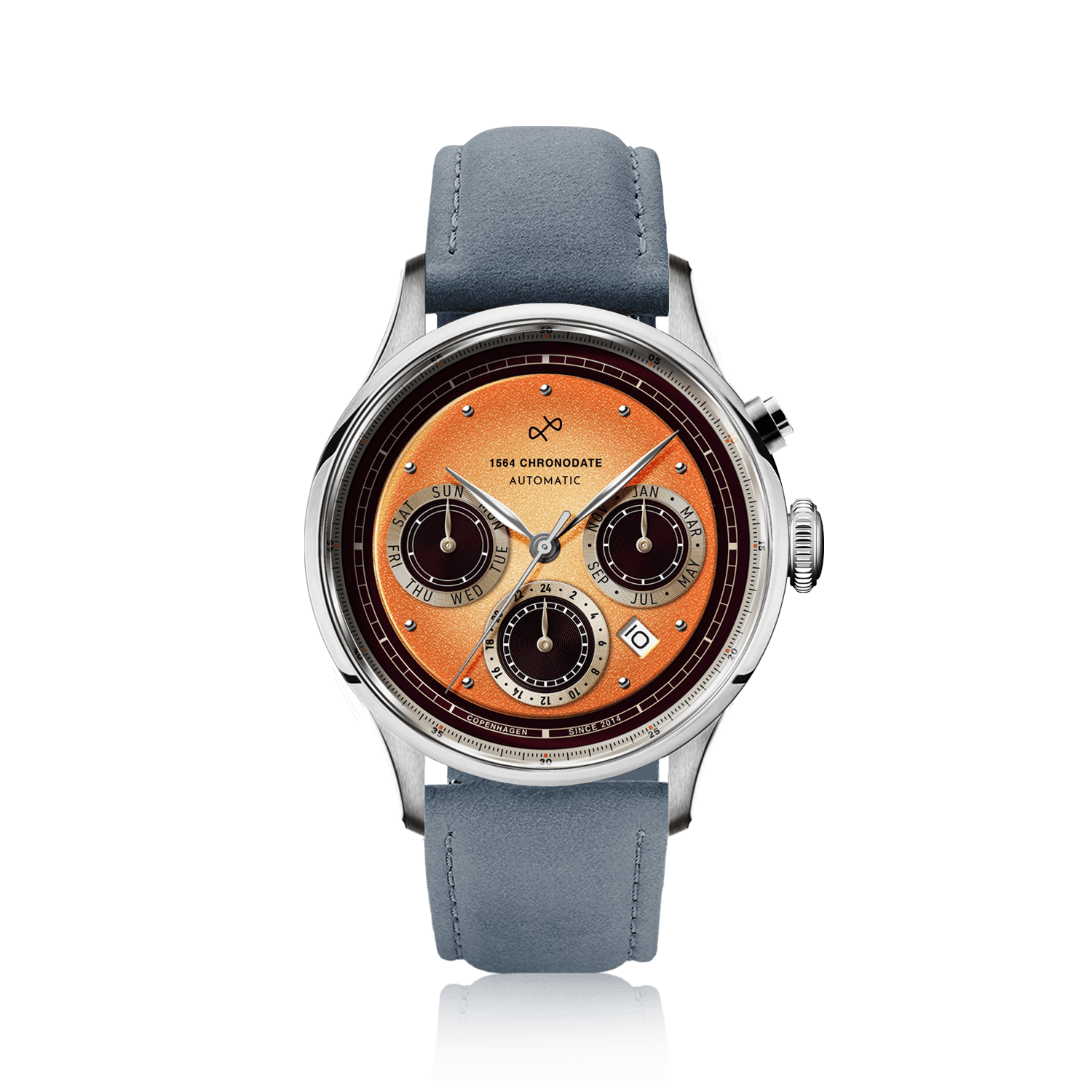 1564 Chronodate Automatic by AV86 vintage-inspired automatic chronograph with sapphire crystal, orange dial, and blue leather strap